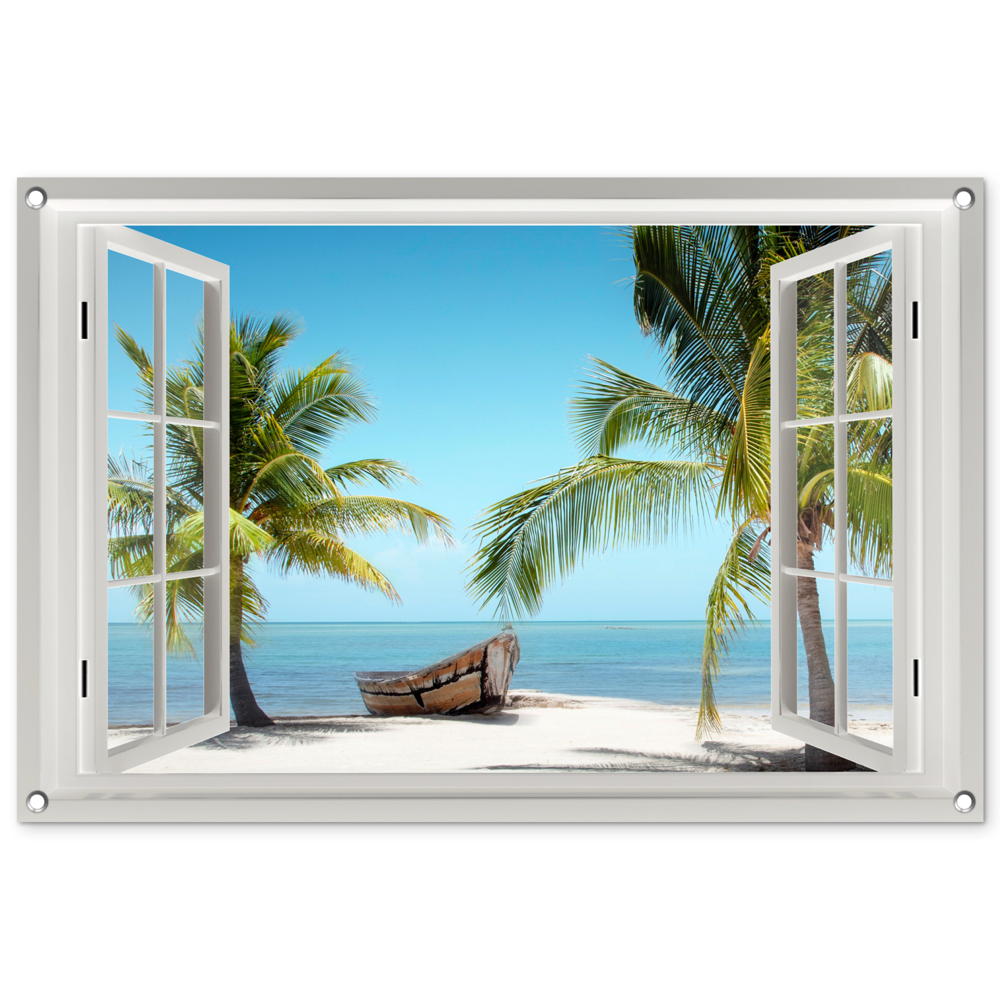 Tuinposter - Doorkijk - Strand - Palmboom - Boot - Tropisch - Zee - Blauw - Liggend