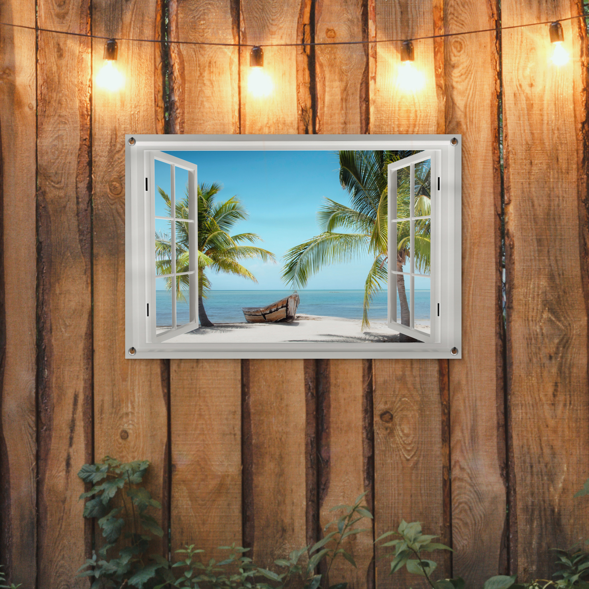 Tuinposter - Doorkijk - Strand - Palmboom - Boot - Tropisch - Zee - Blauw - Liggend-2