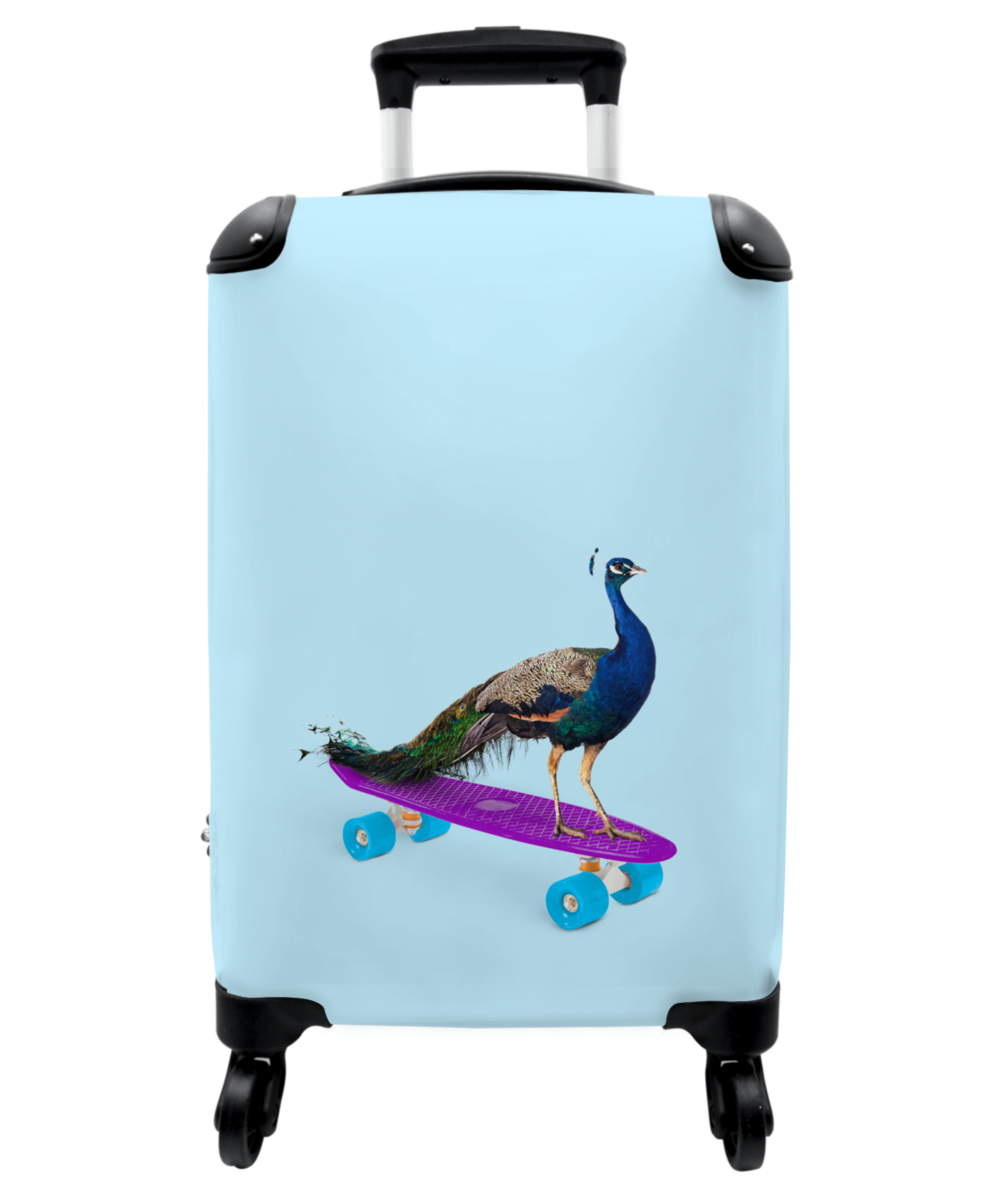 Koffer - Pauw - Blauw - Skateboard - Dieren - Grappig