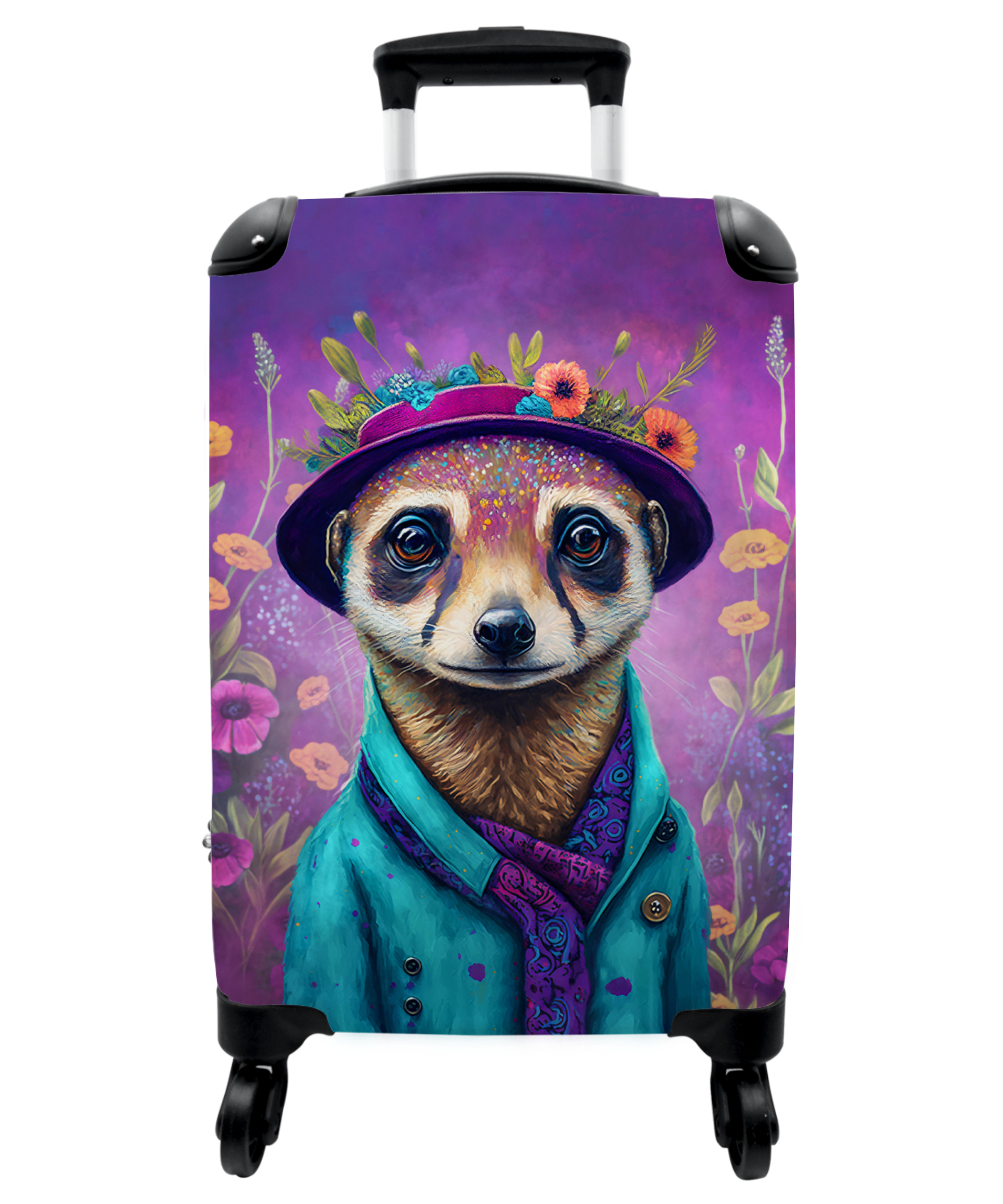 Koffer - Meerkat - Bloemen - Verf - Paars - Portret - Stokstaartje
