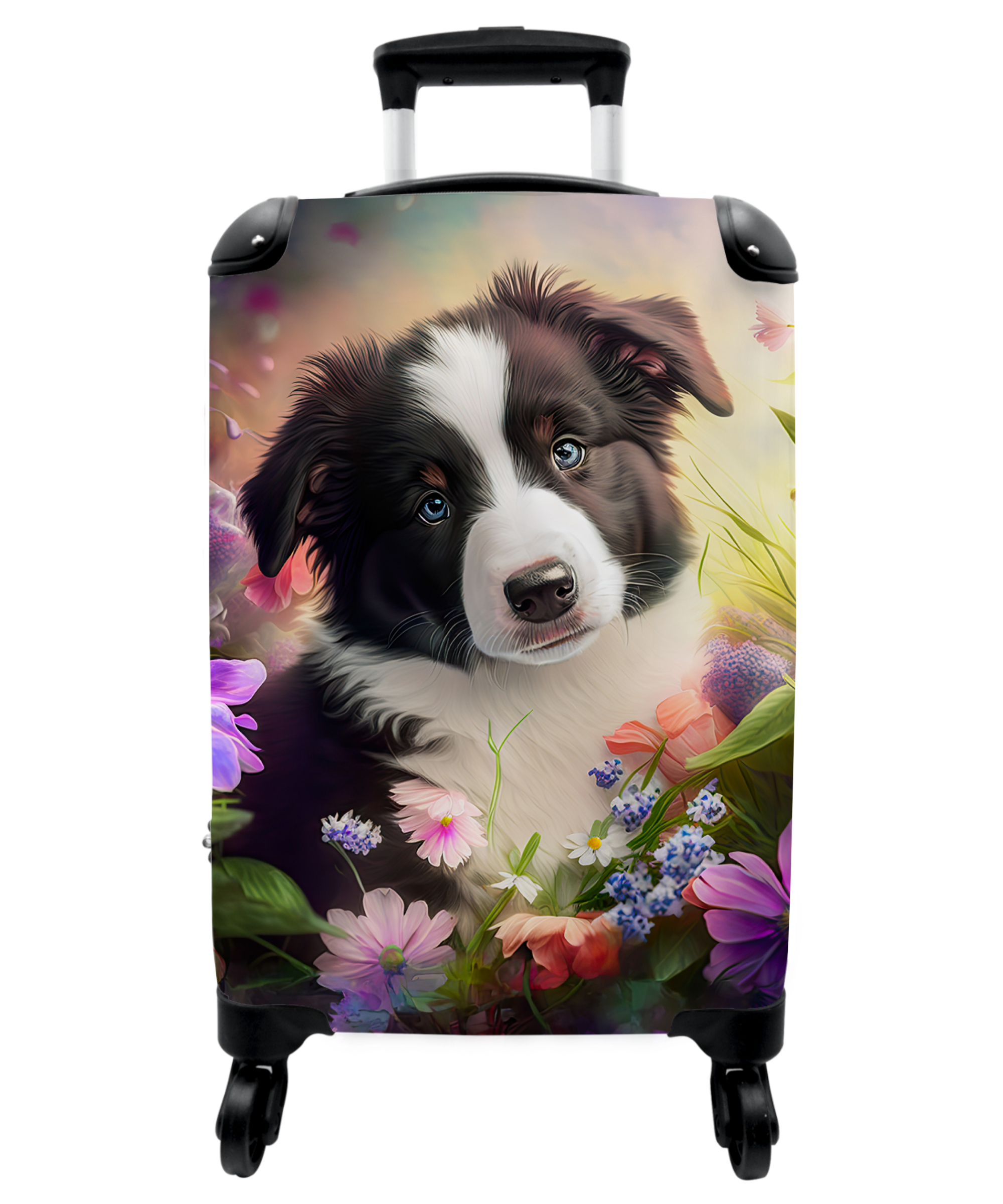 Koffer - Puppy - Zon - Bloemen - Natuur - Bordercollie - Hond-thumbnail-1