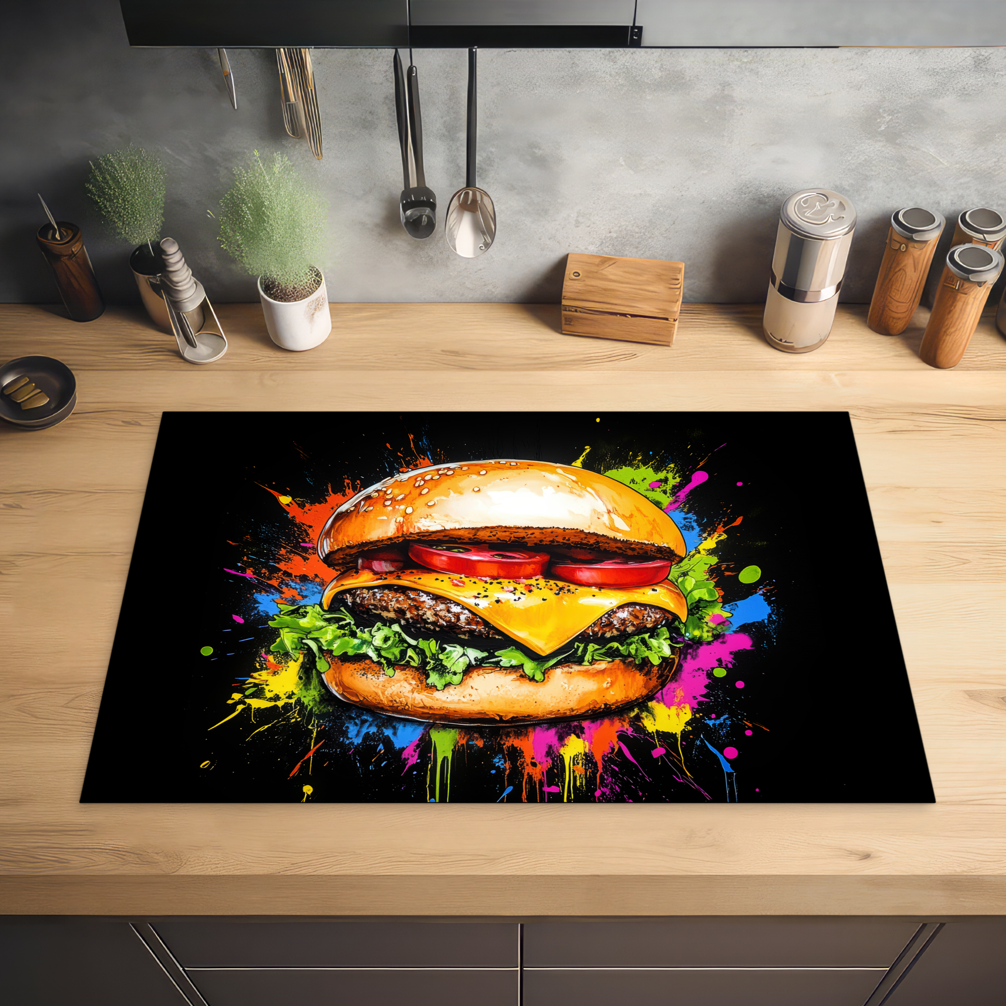 Inductiebeschermer - Hamburger - Graffiti - Verf - Kleurrijk - Eten - Abstract-2