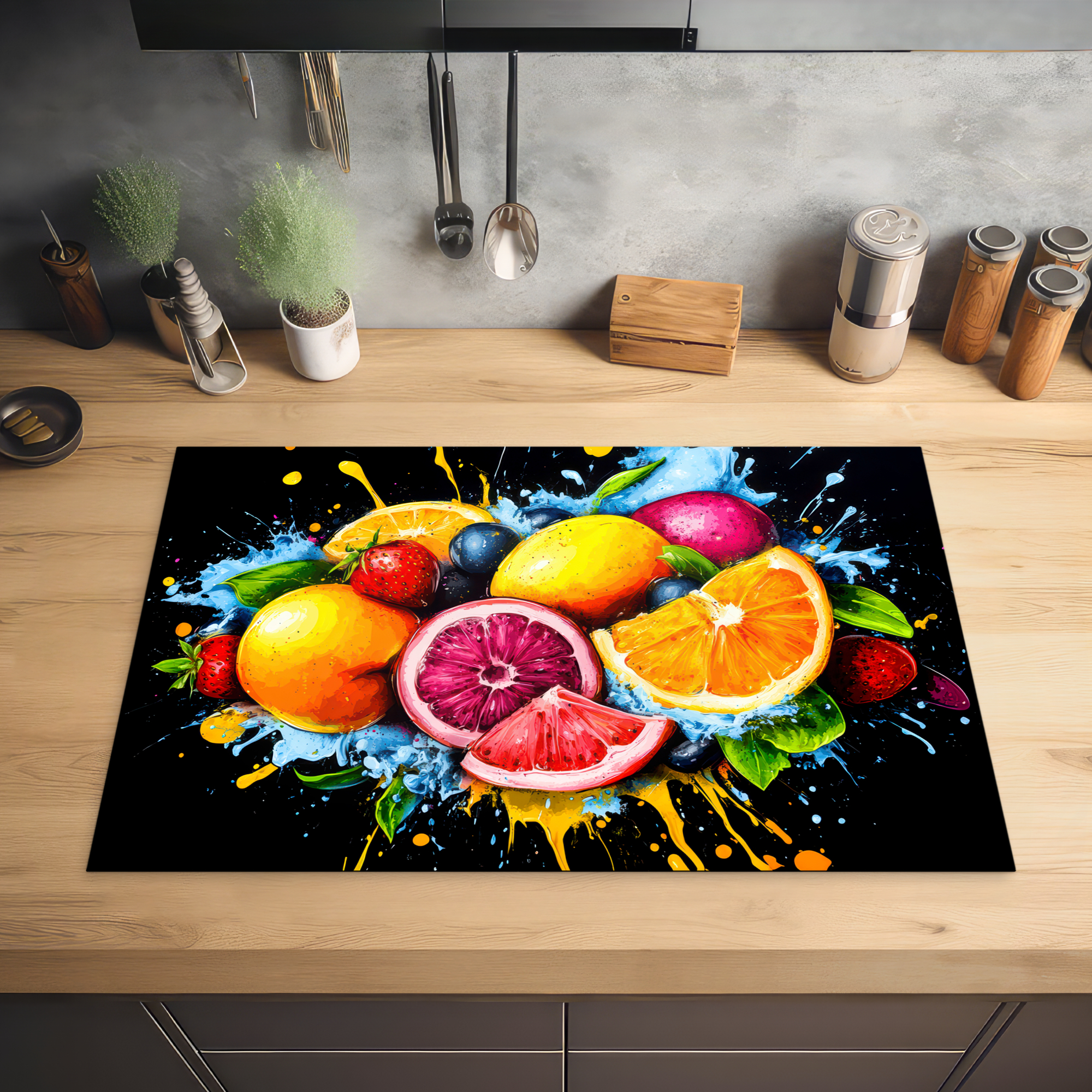 Inductiebeschermer - Fruit - Graffiti - Kleurrijk - Sinaasappel - Aardbei - Abstract-2