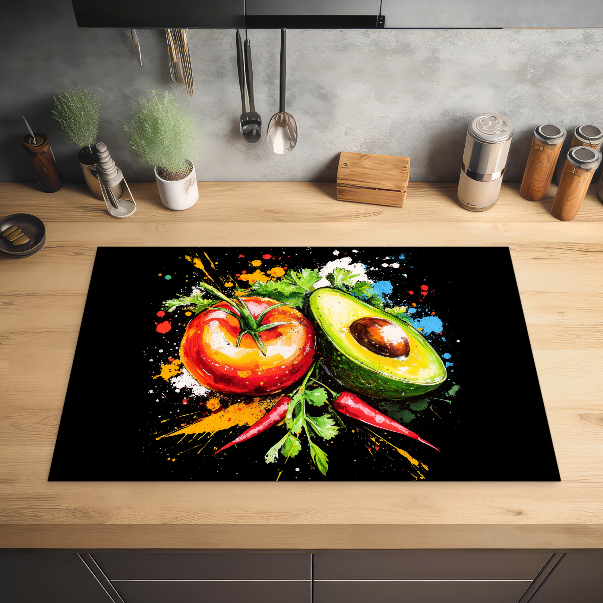 Inductiebeschermer - Tomaat - Avocado - Peper - Graffiti - Verf - Modern-2