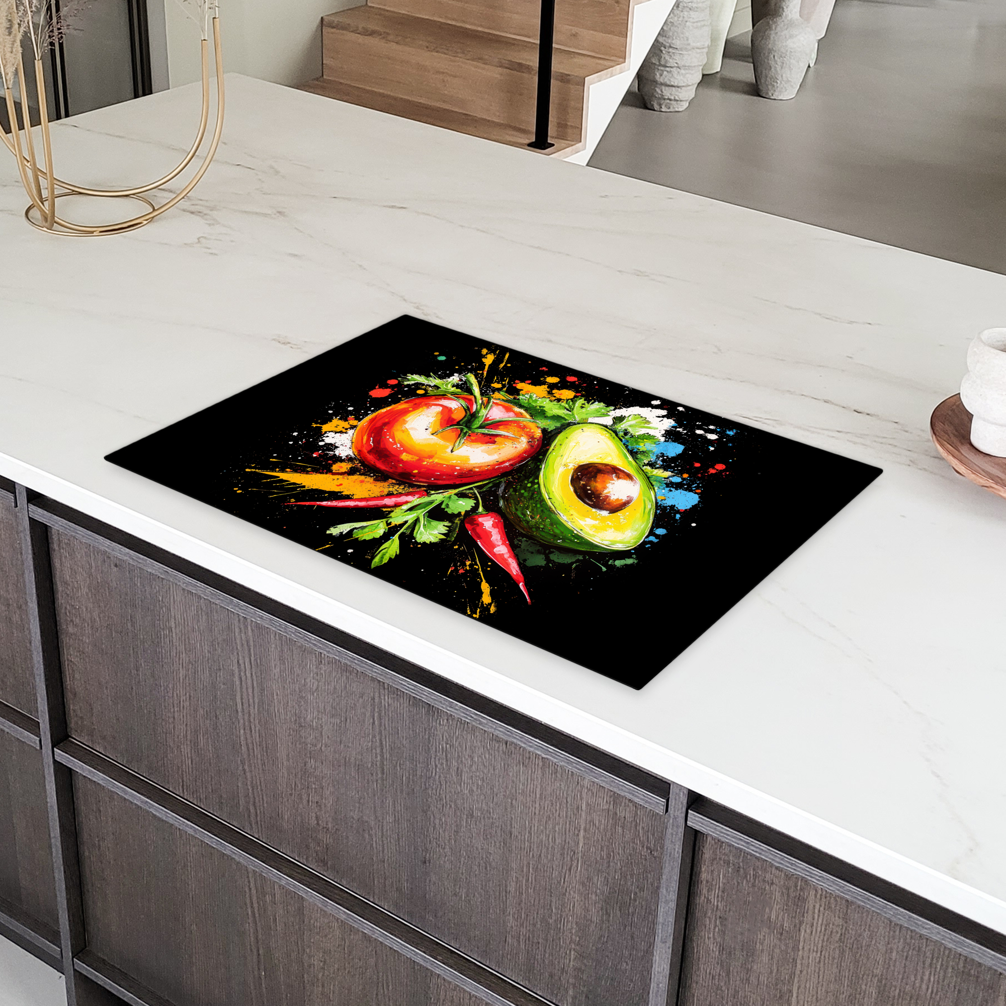 Inductiebeschermer - Tomaat - Avocado - Peper - Graffiti - Verf - Modern-4