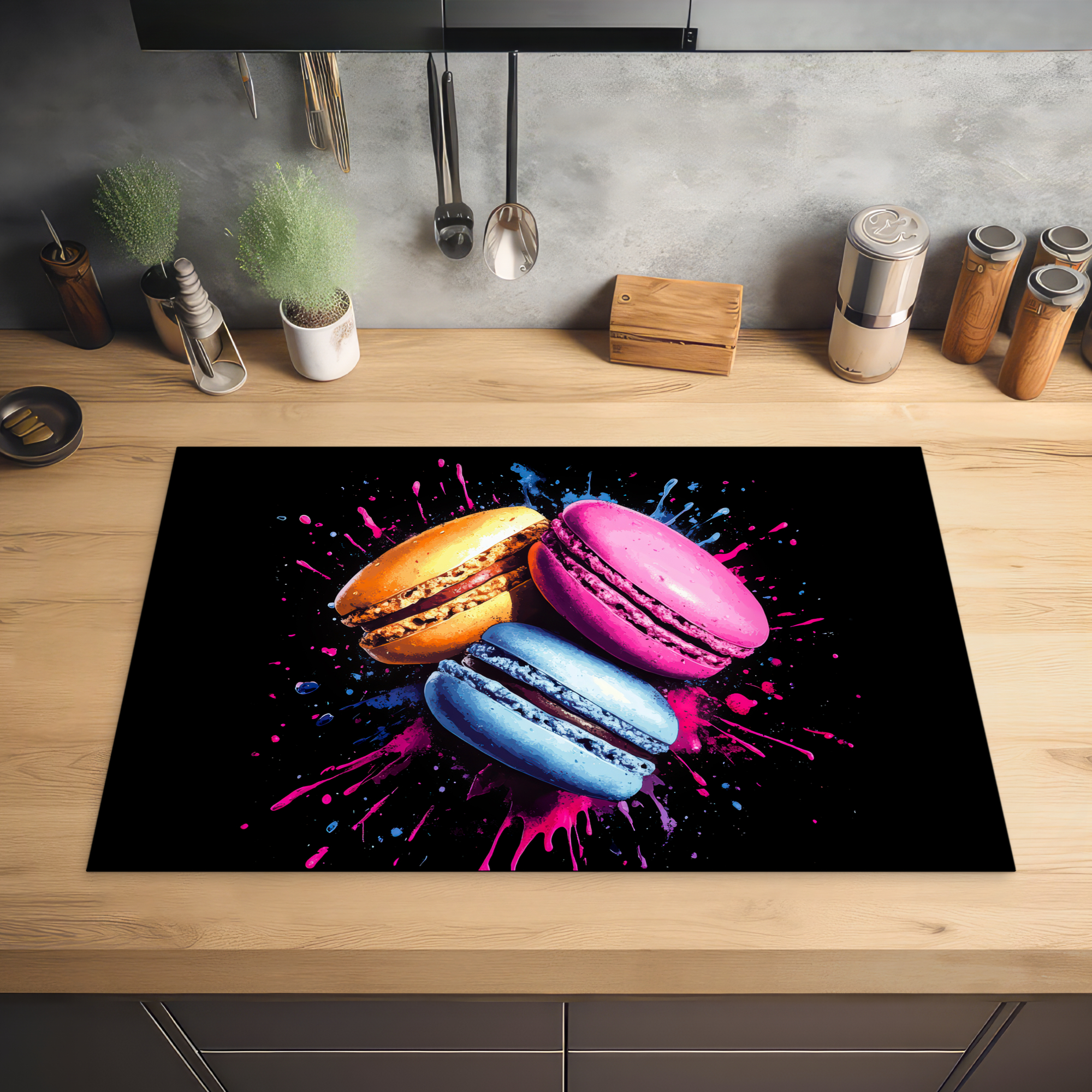 Inductiebeschermer - Macarons - Dessert - Graffiti - Kleurrijk - Roze - Blauw - Geel-2