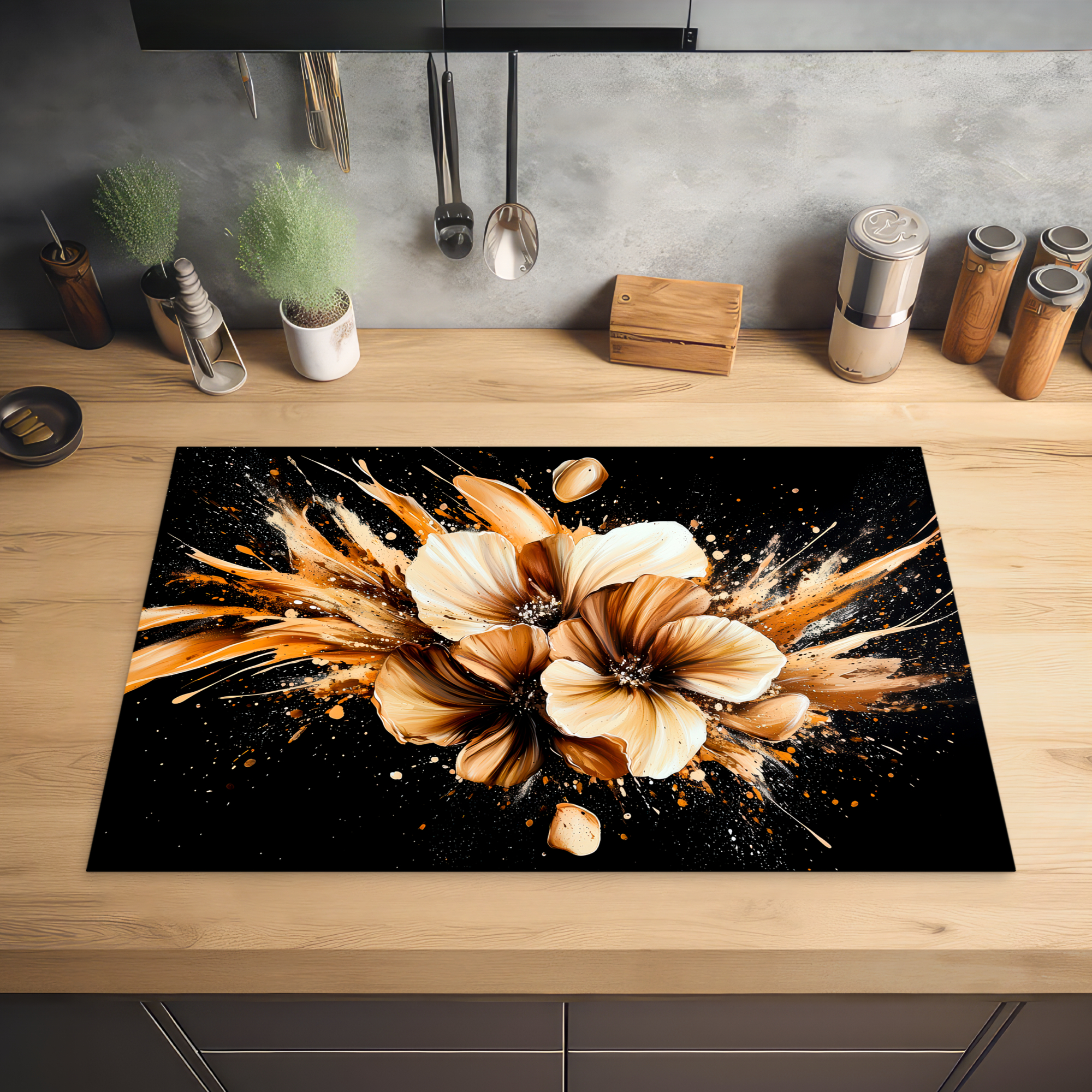 Inductiebeschermer - Bloemen - Goud - Graffiti - Zwart - Abstract-2