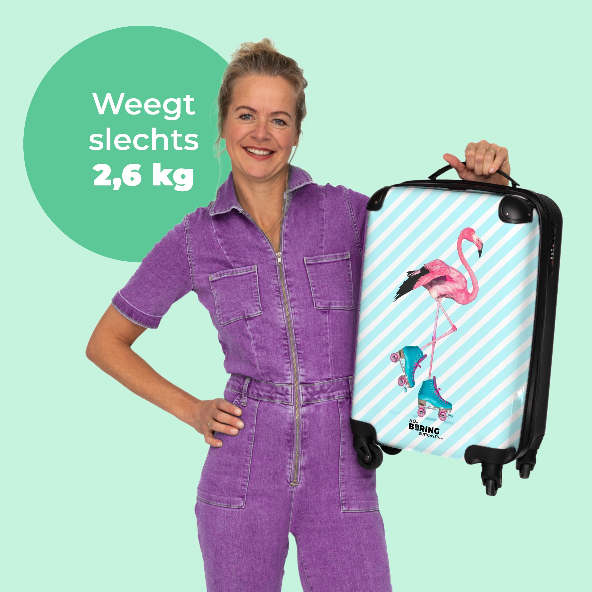 Koffer - Flamingo met blauwe rolschaatsen-4
