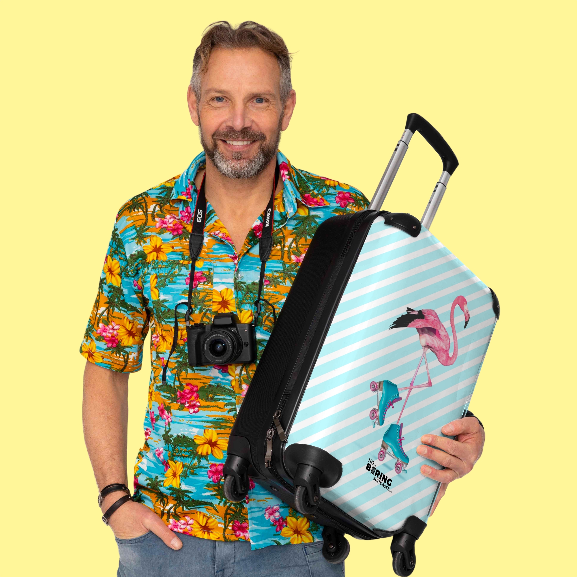 Koffer - Flamingo met blauwe rolschaatsen-3