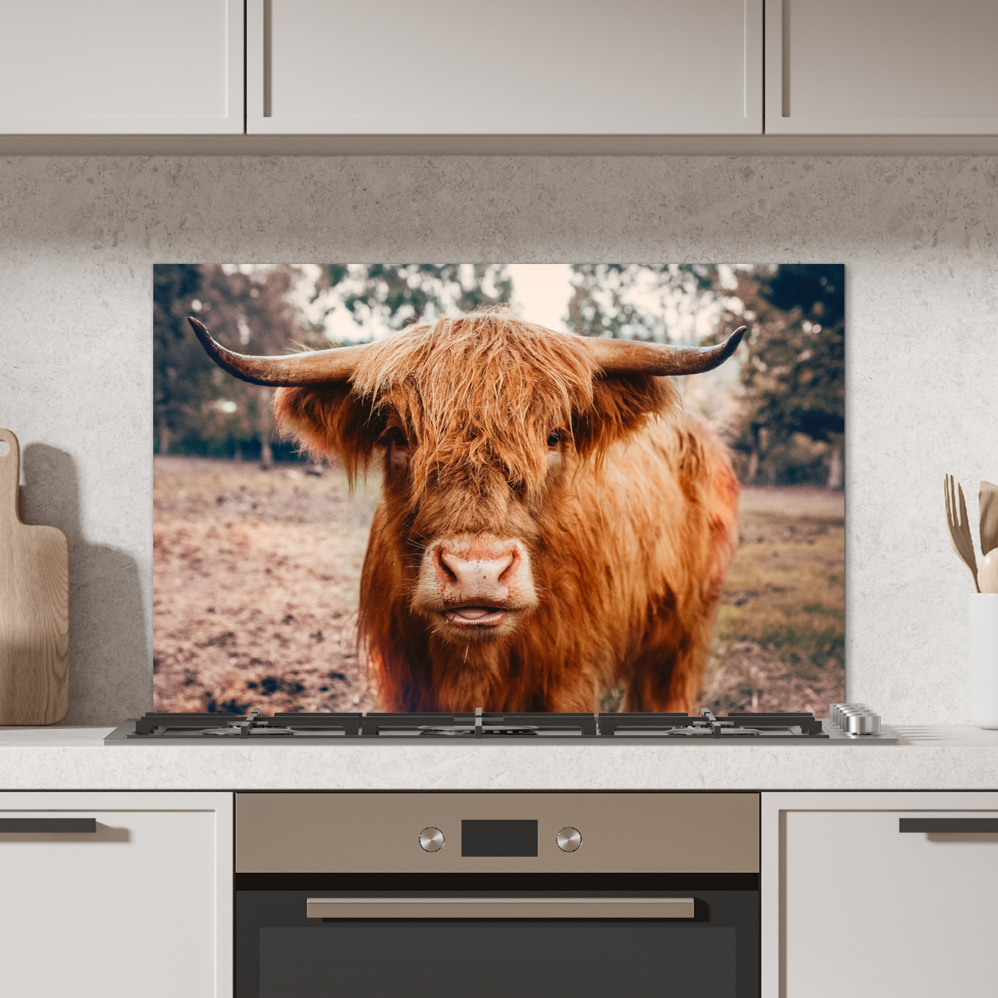 Spatscherm keuken - Koe- Schotse hooglander - Hoorns - Bruin - Landschap-2