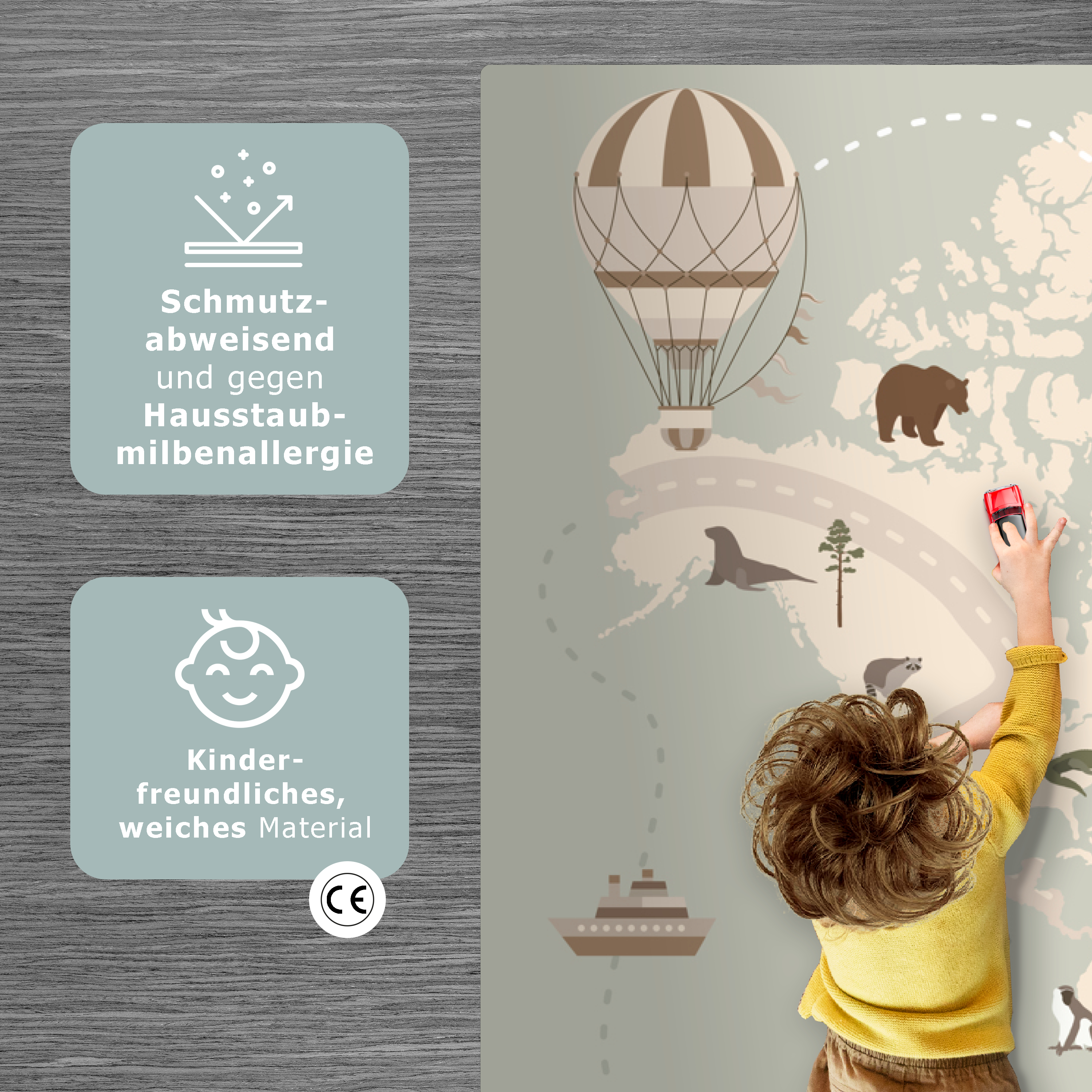 Spielmatte - Weltkarte - Tiere - Flugzeug - Kind - Heißluftballon-2