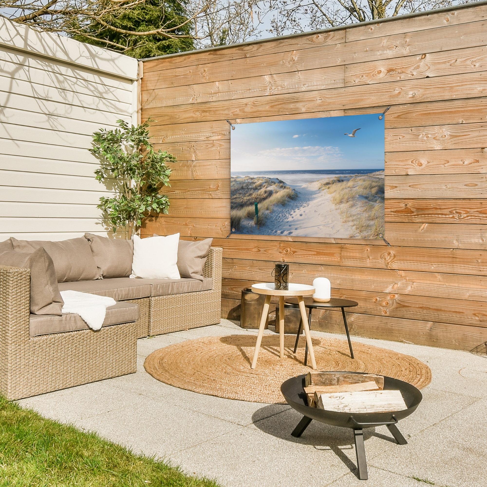 Tuinposter - Duin - Meeuw - Strand - Zee - Zon - Liggend-3