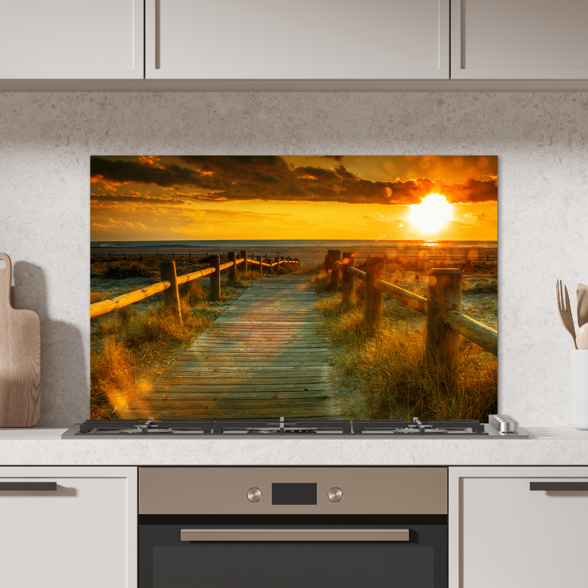 Spatscherm keuken - Zon - Strand - Duin - Horizon - Gras - Pad - Oranje-2