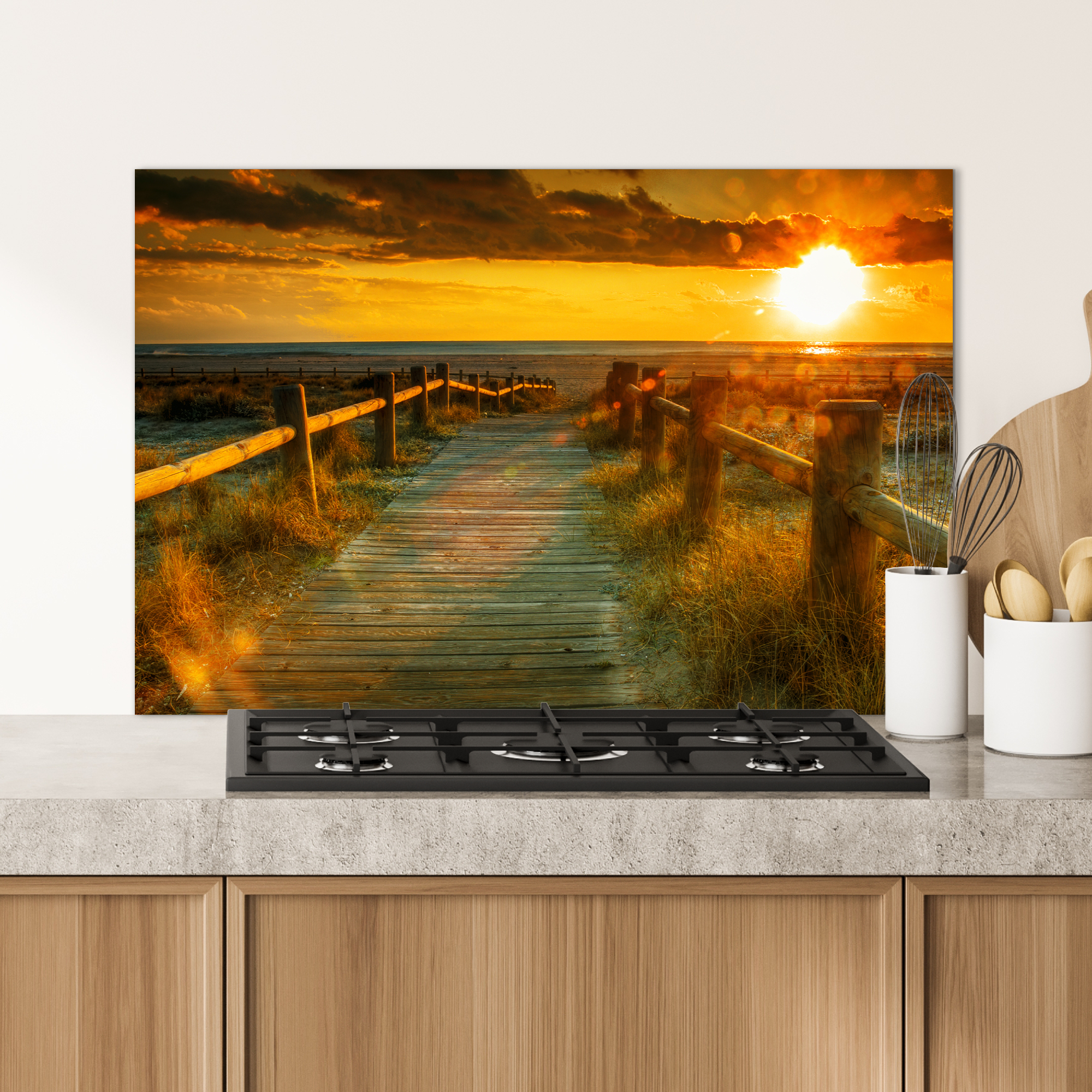 Spatscherm keuken - Zon - Strand - Duin - Horizon - Gras - Pad - Oranje-4