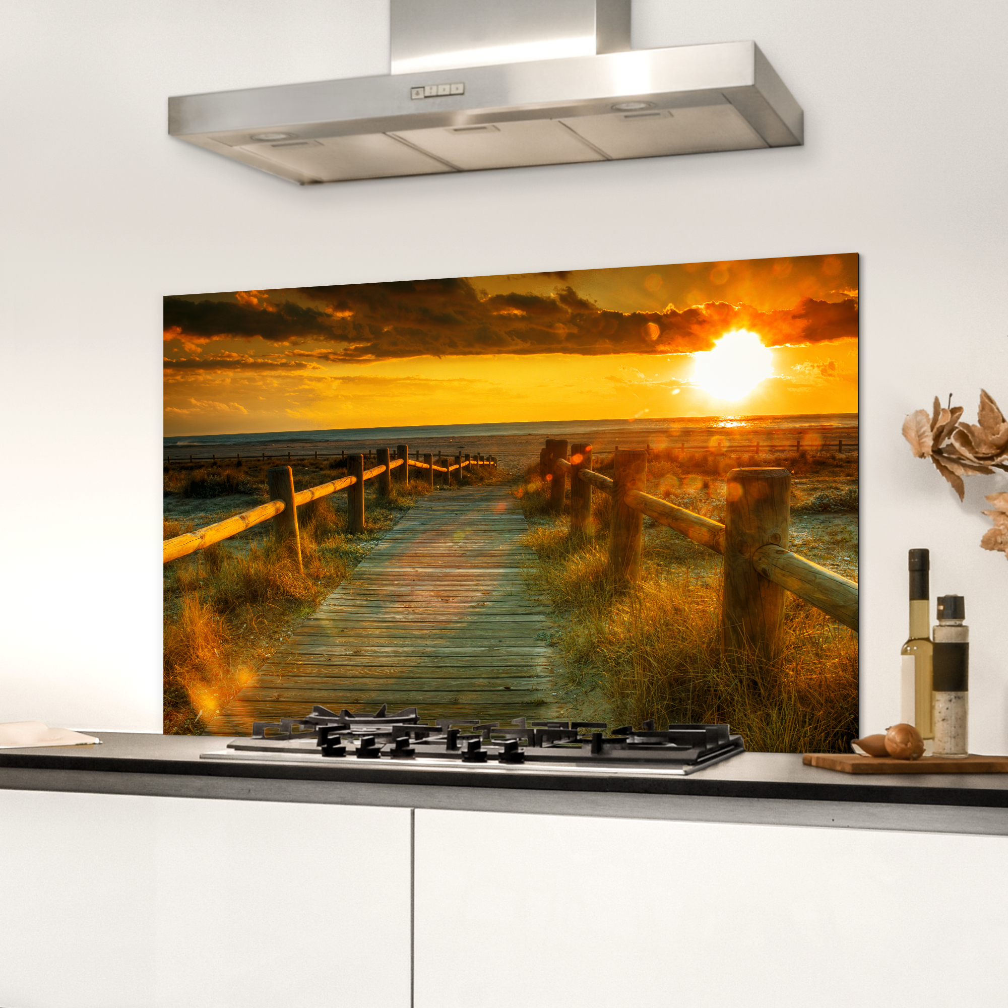 Spatscherm keuken - Zon - Strand - Duin - Horizon - Gras - Pad - Oranje-3