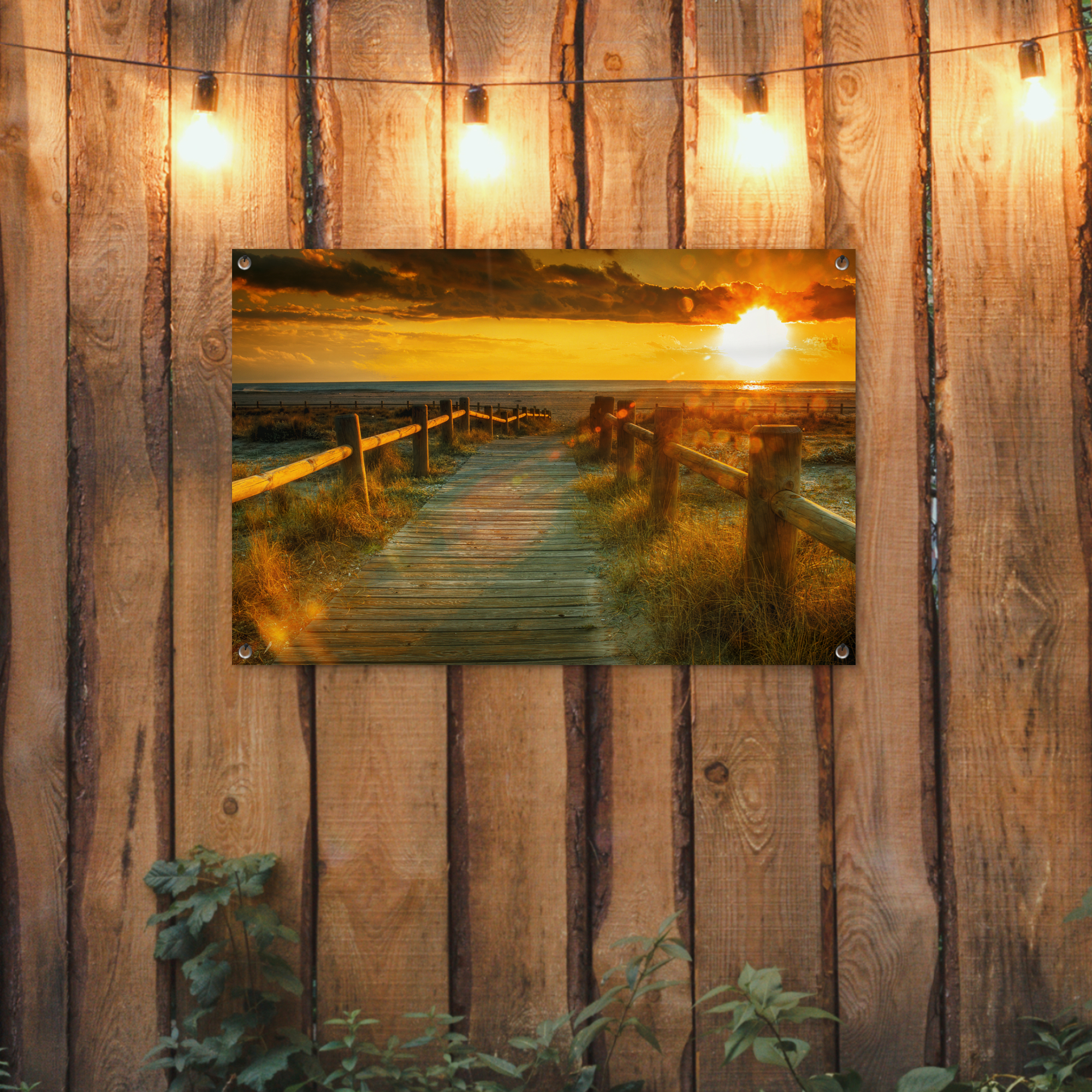Tuinposter - Zon - Strand - Duin - Horizon - Gras - Pad - Oranje - Liggend-2