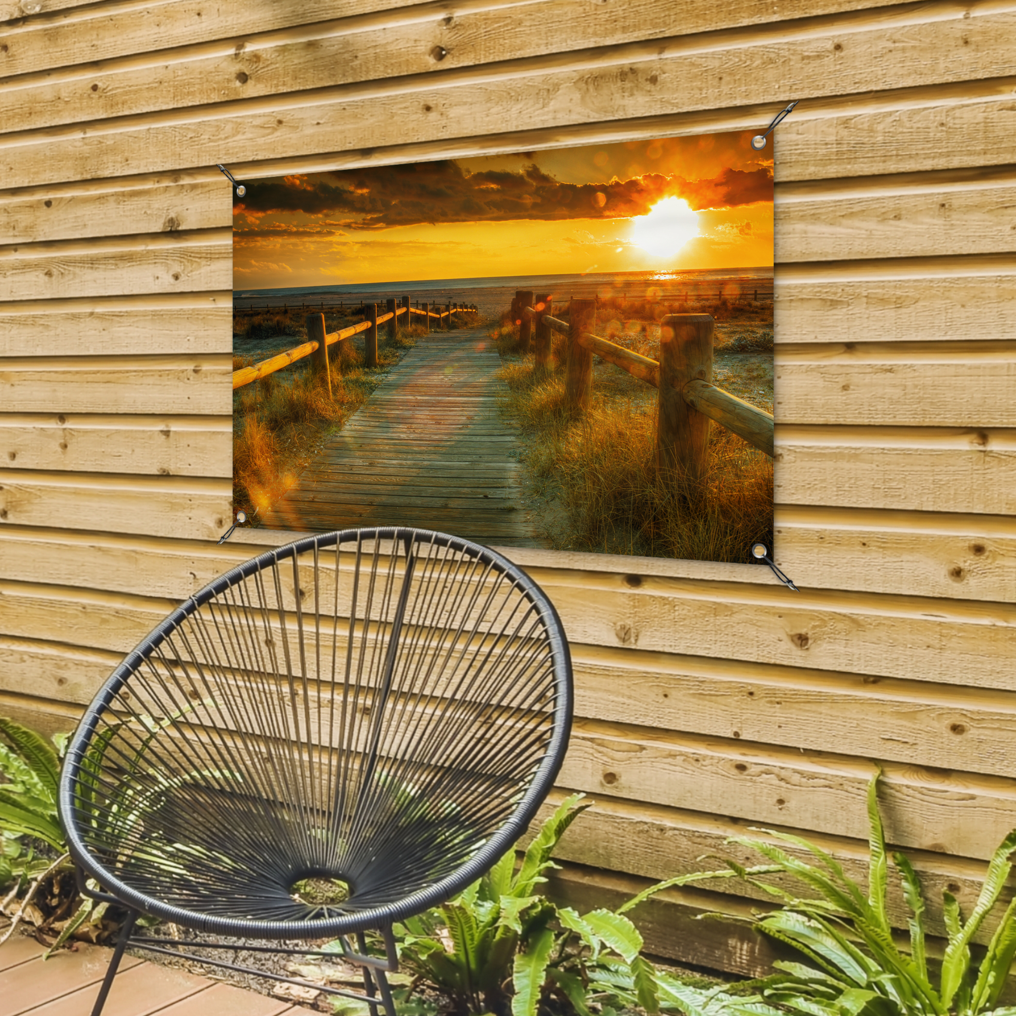 Tuinposter - Zon - Strand - Duin - Horizon - Gras - Pad - Oranje - Liggend-4