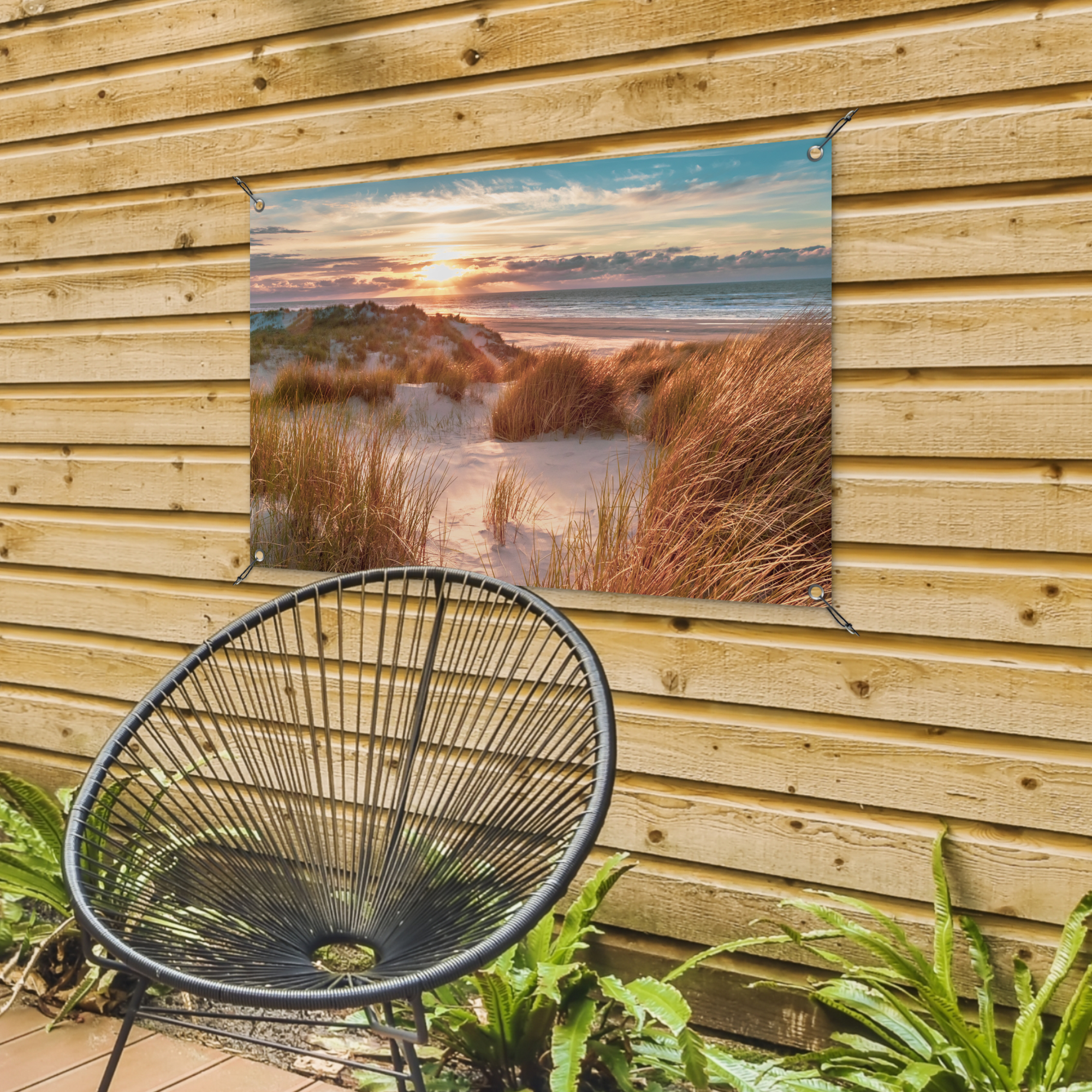 Tuinposter - Duin - Planten - Zonsondergang - Strand - Zee - Liggend-4