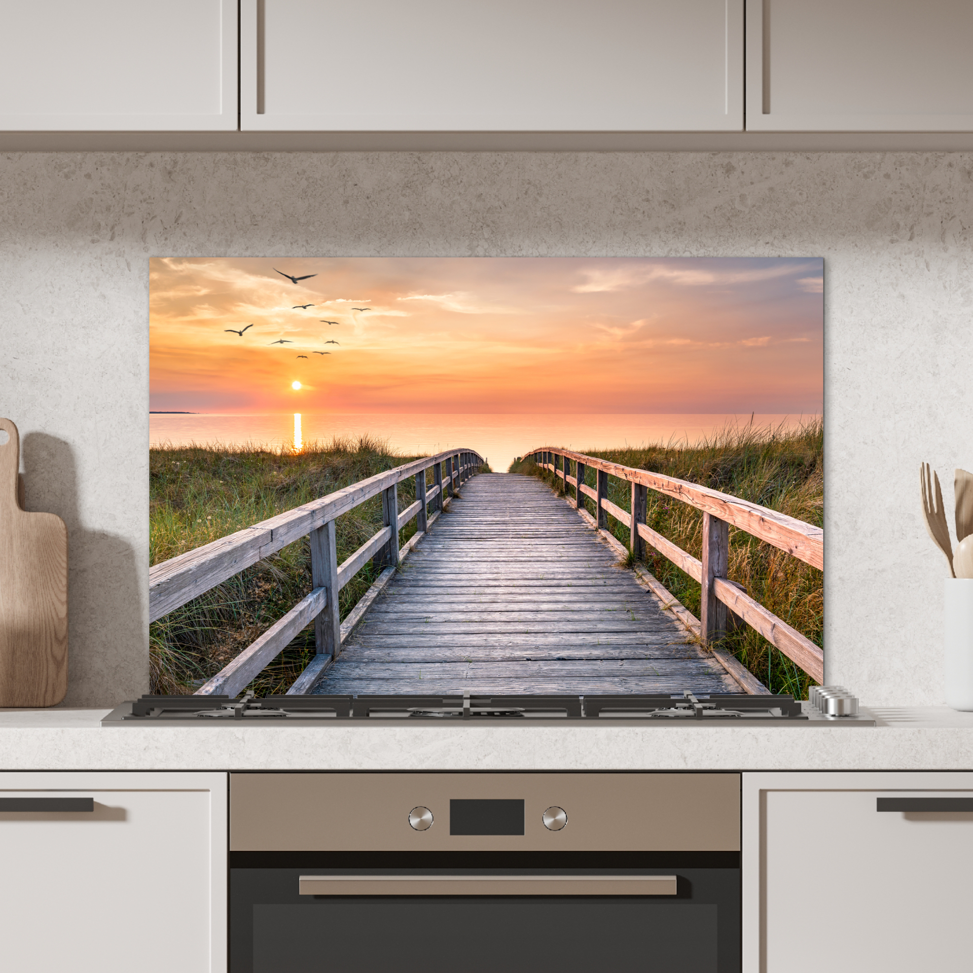 Spatscherm keuken - Zonsonderang - Zee - Pad - Gras - Duin - Vogels-2