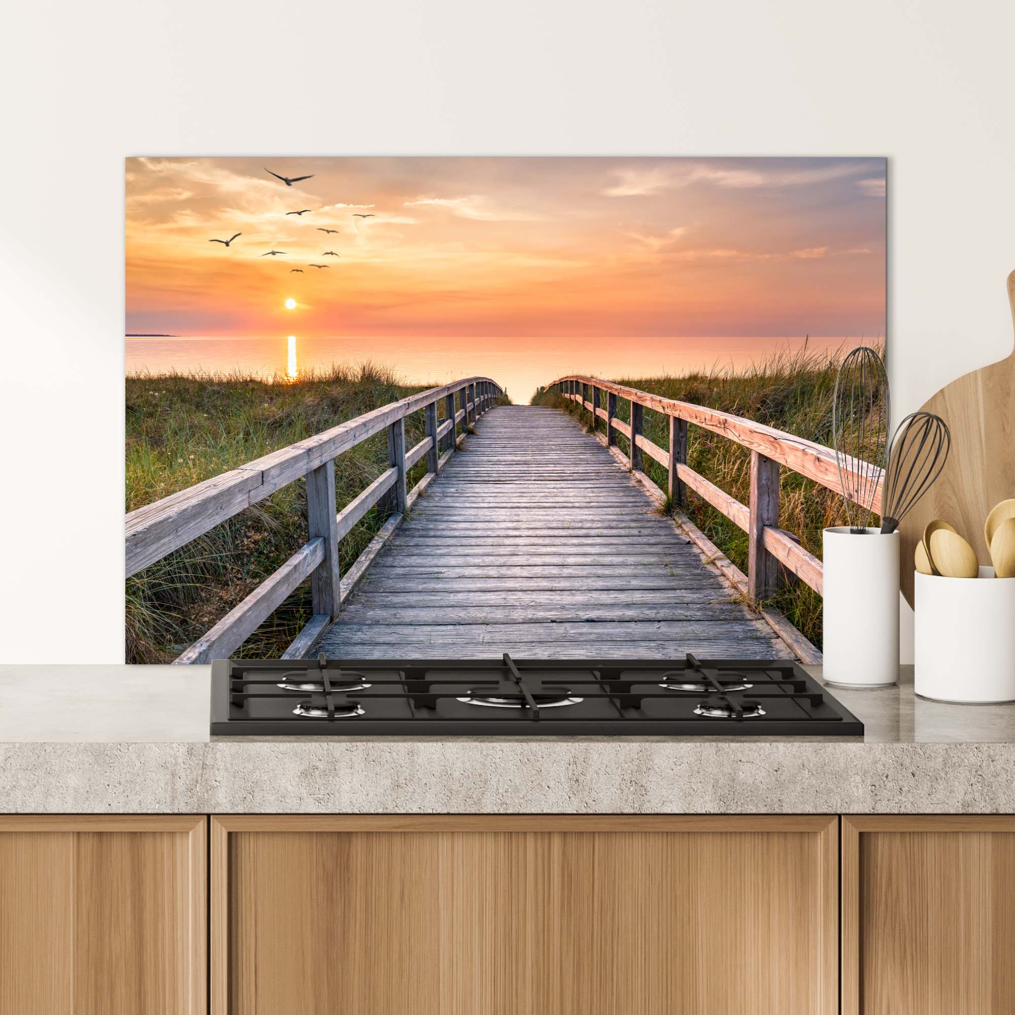 Spatscherm keuken - Zonsonderang - Zee - Pad - Gras - Duin - Vogels-4
