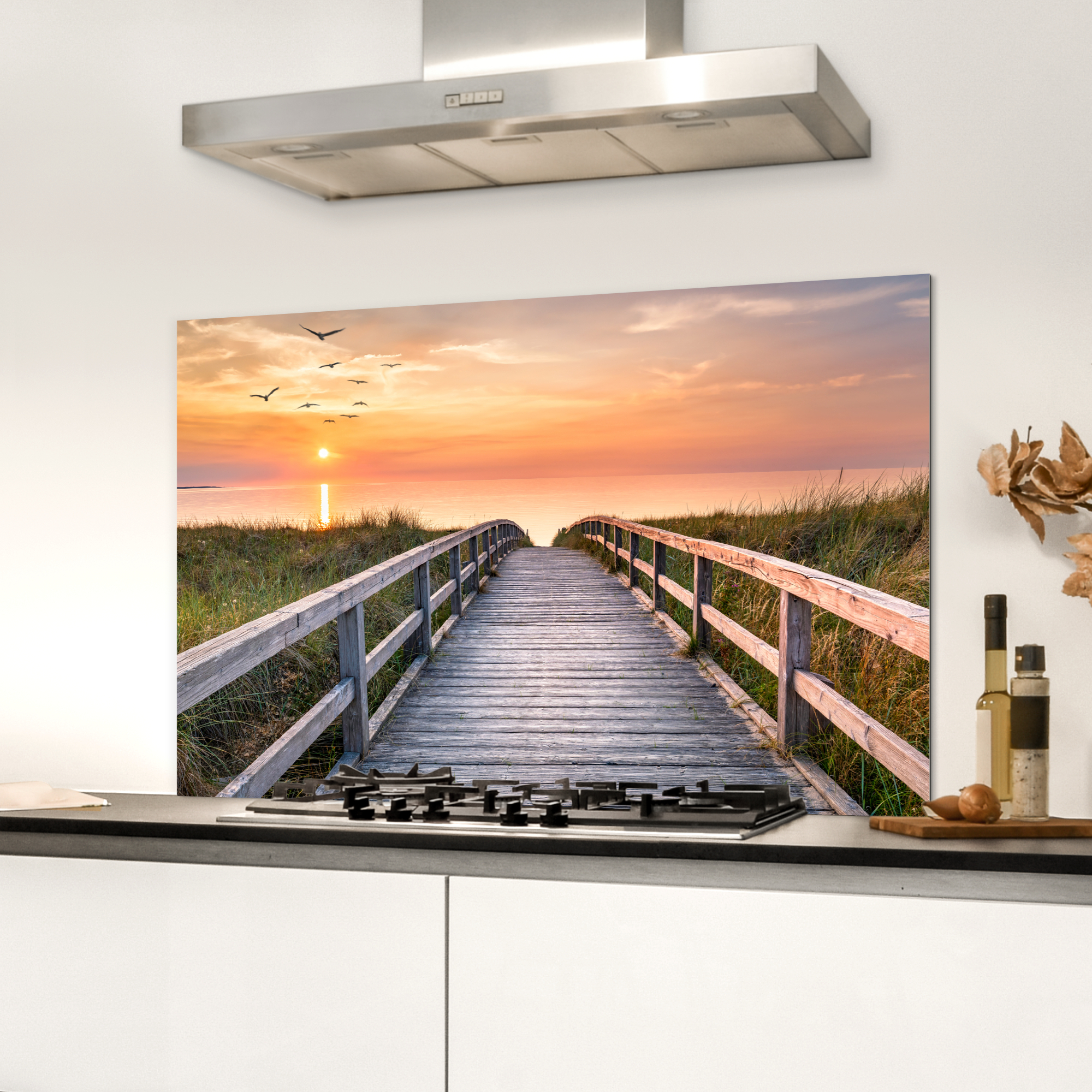 Spatscherm keuken - Zonsonderang - Zee - Pad - Gras - Duin - Vogels-3