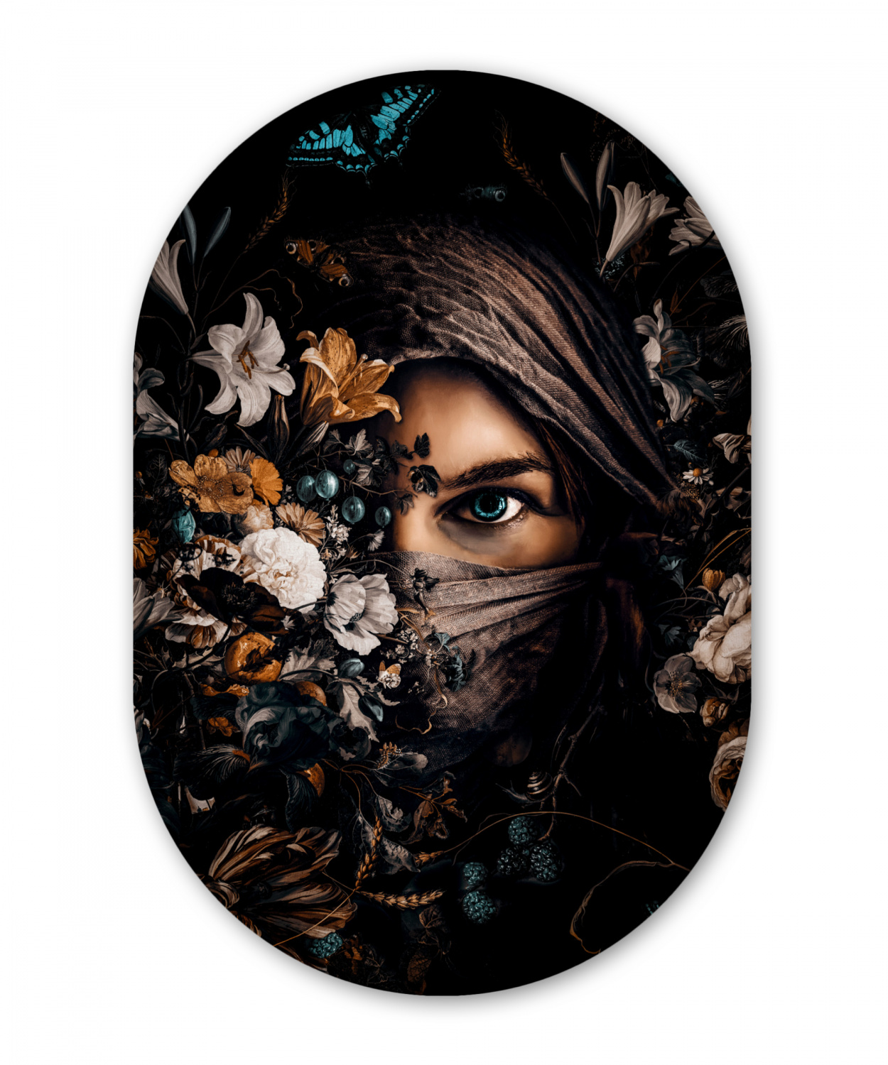 Muurovaal - Vrouw - Hoofddoek - Bloemen - Vlinders