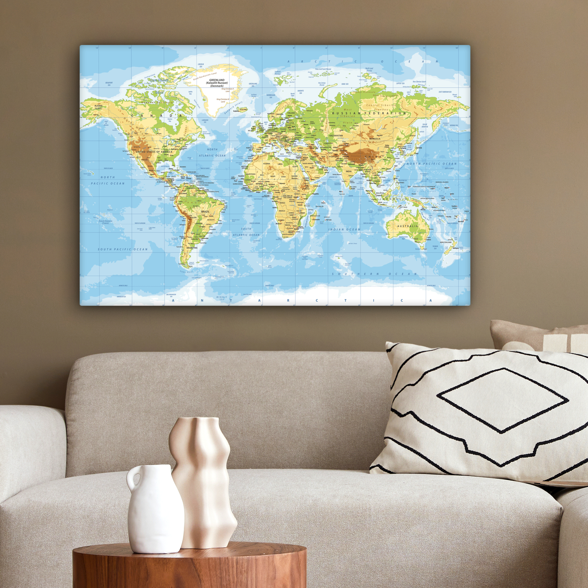 Canvas - Wereldkaart - Staatkundig - Blauw-2