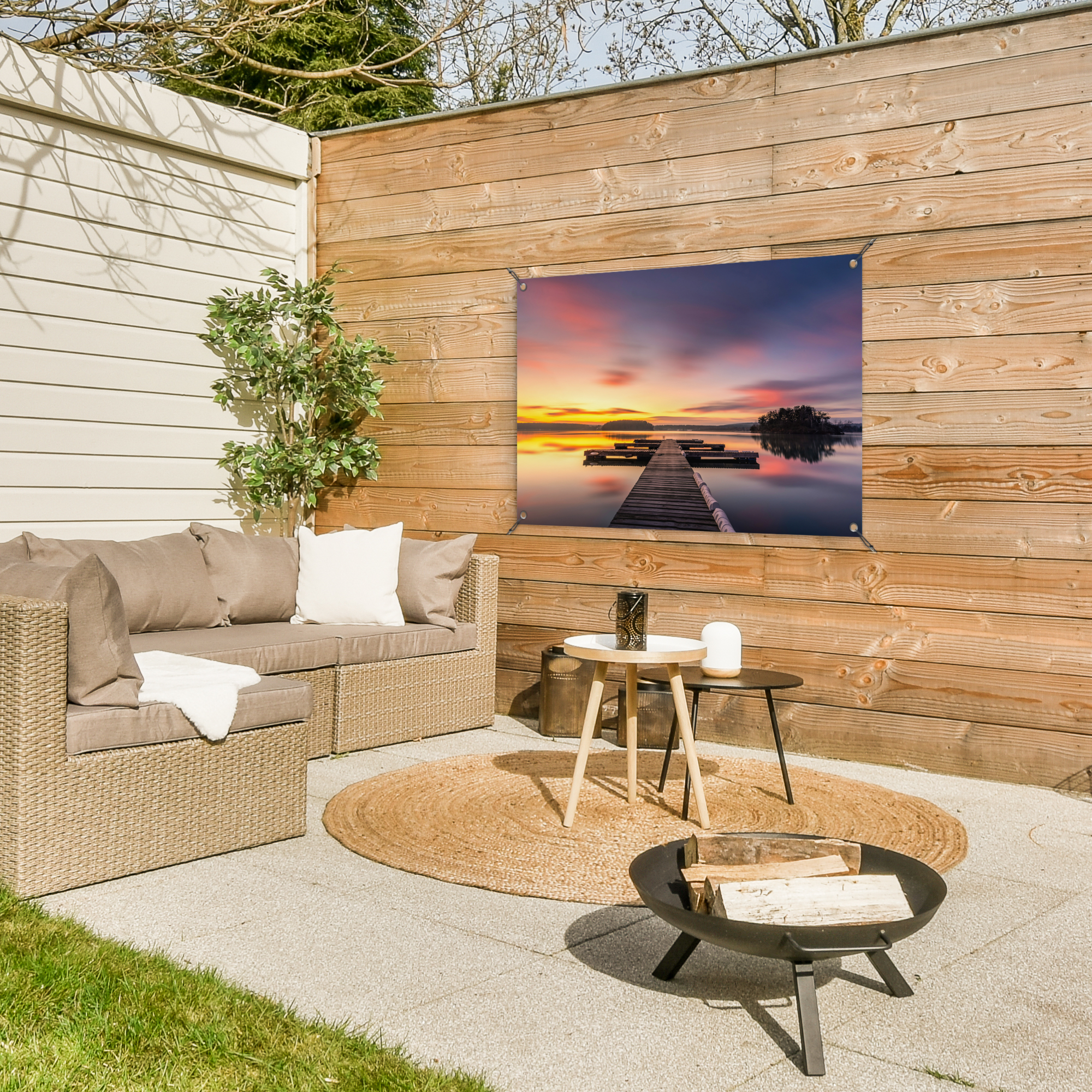 Tuinposter - Steiger - Zonsondergang - Water - Zee - Reflectie - Liggend-3