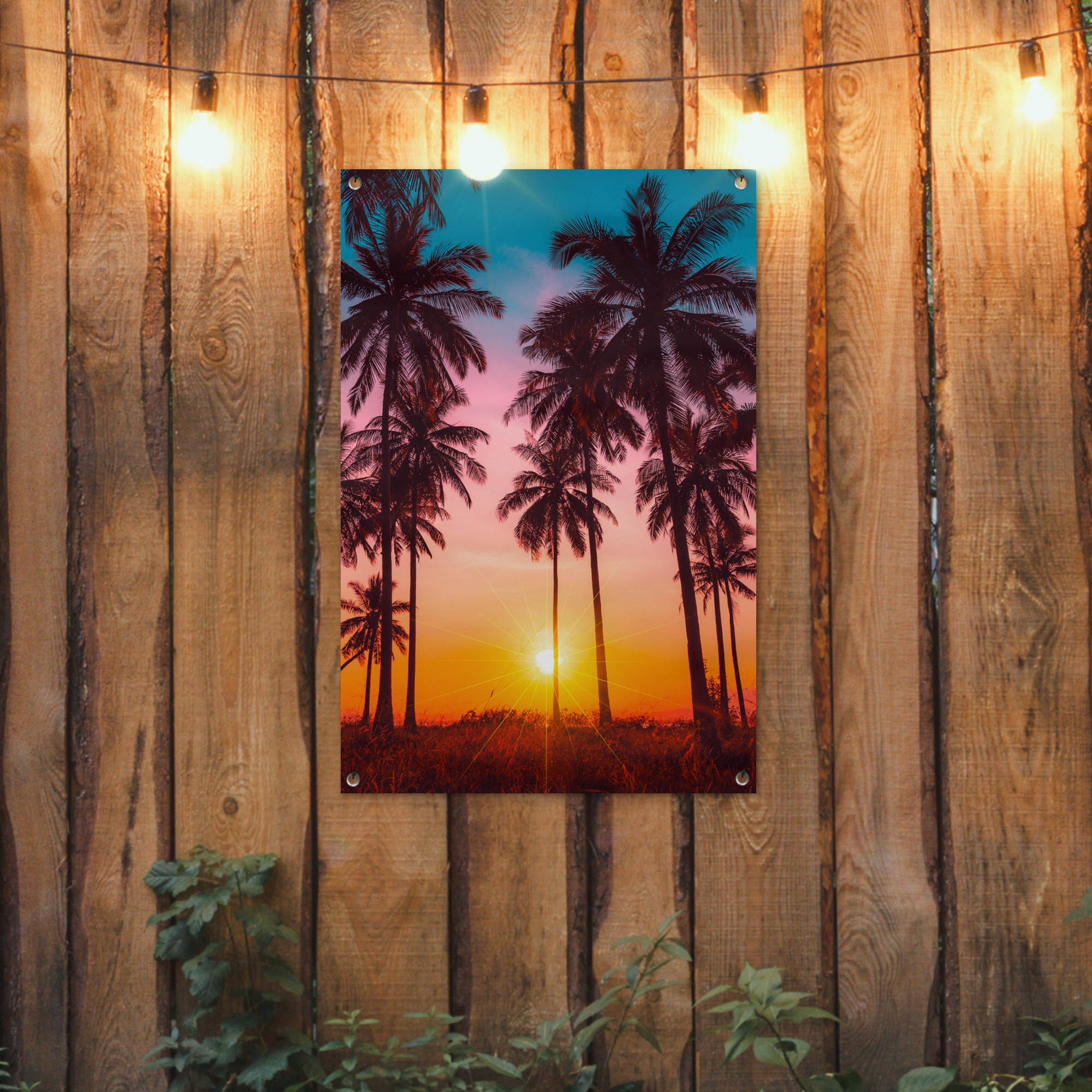 Tuinposter - Palmboom - Zonsondergang - Horizon - Strand - Oranje - Roze - Staand-2