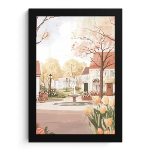 Dorpsplein - Fontein - Tulpen fotolijst zwart zonder passe partout klein -3d