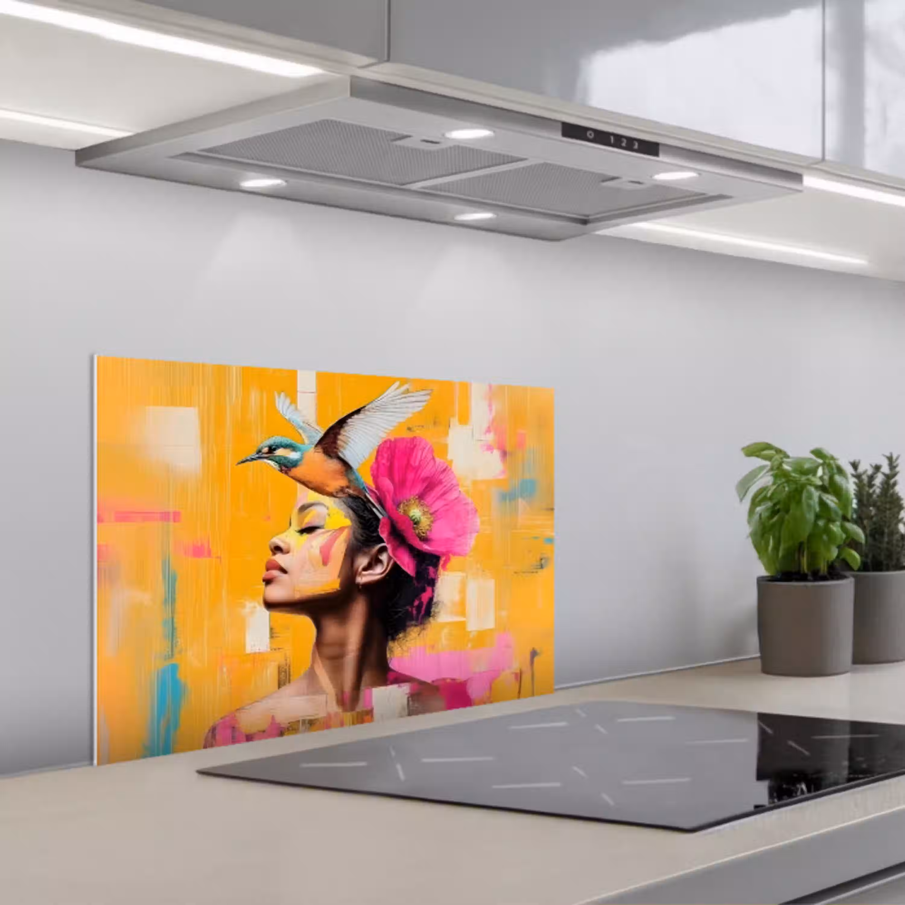 Vogel - Vrouw - Abstract - Bloem keuken achterwand spatscherm klein -3d_schuin