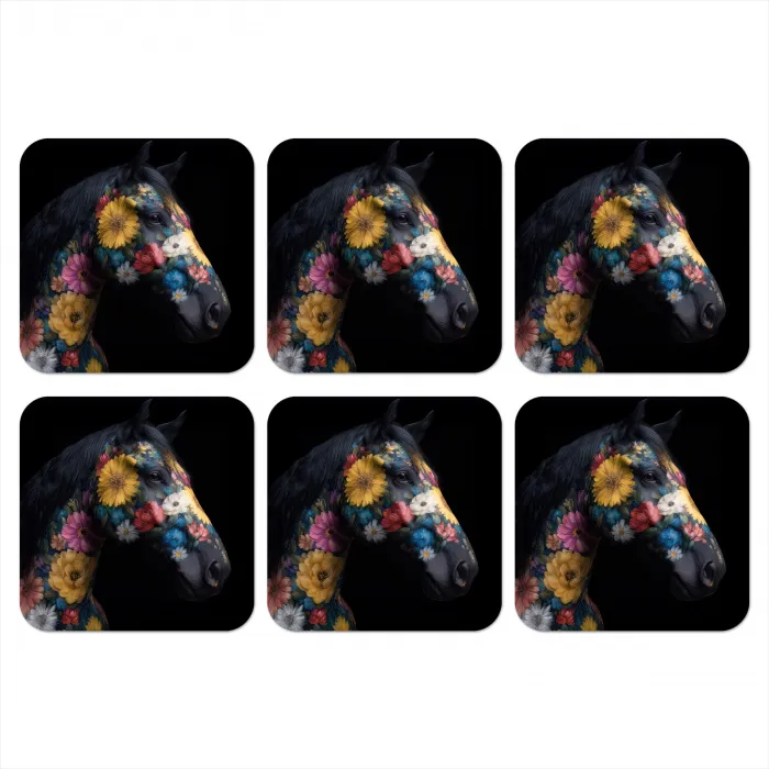 Paard - Bloemen - Zwart onderzetter kurk middel -3d
