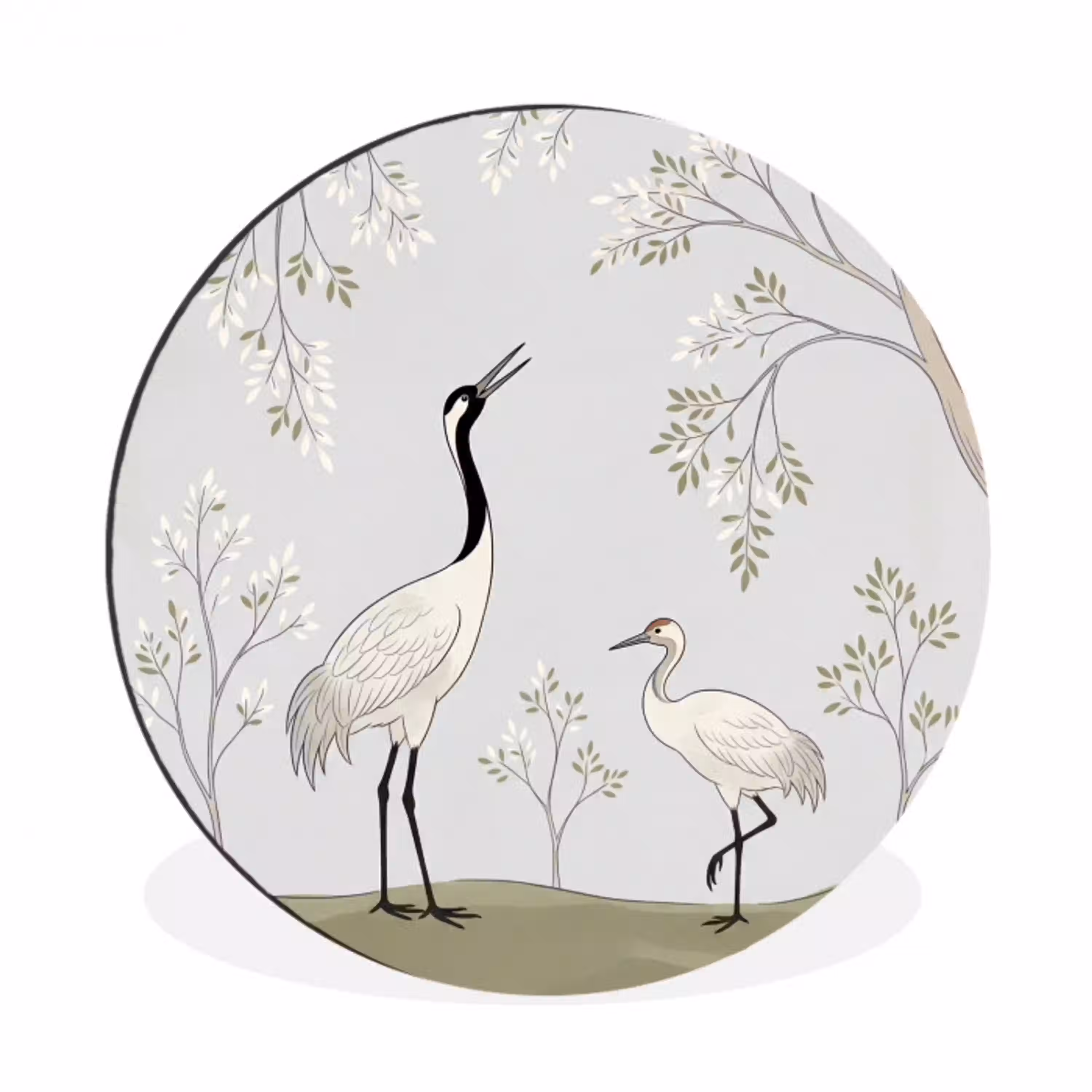 Minimalistisch - Kraanvogels - Blauw Wandcirkel aluminium klein -3d