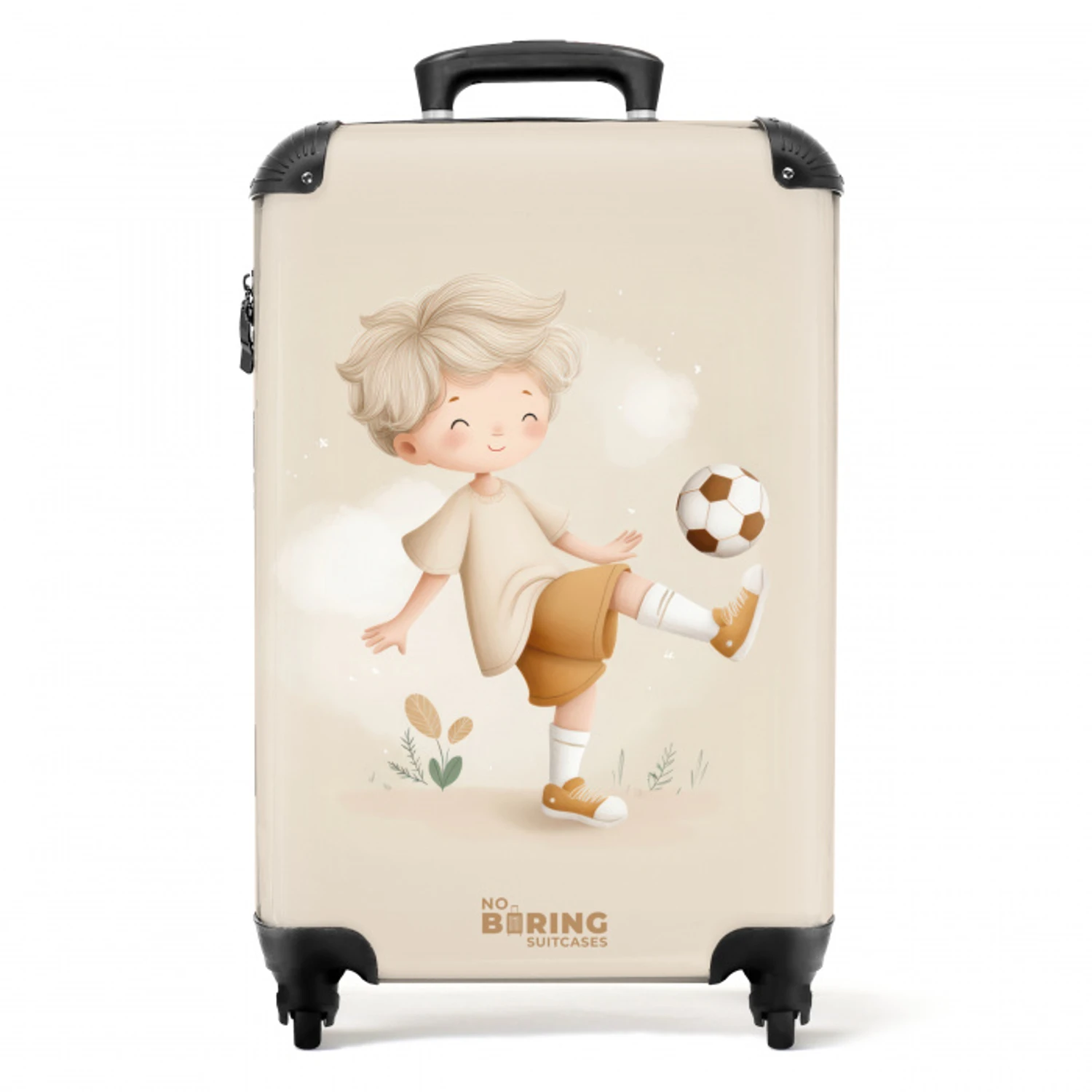 Jongen met een voetbal in beige kleuren NBS - Handbagage koffer - Volwassenen Unisex middel -productfoto_recht