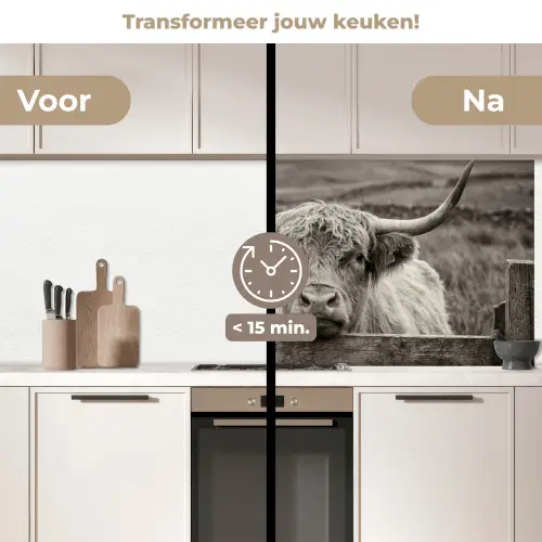 Schotse hooglander - Zwart - Wit - Hout keuken achterwand 2 middel -voor-na2_NL