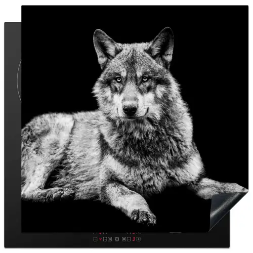 Wilde dieren - Wolf - Zwart - Wit Inductie beschermer vinyl 3mm middel -3d