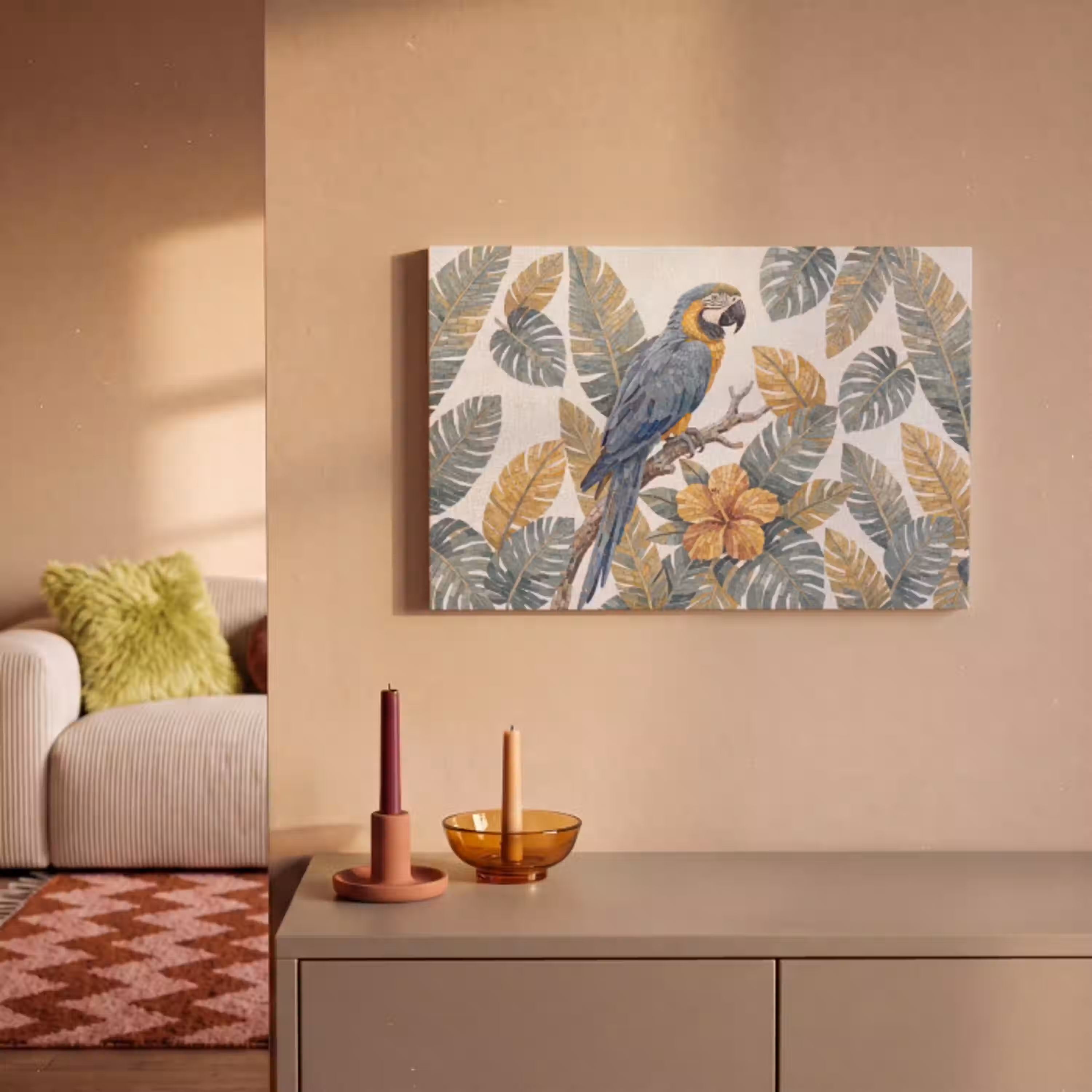 Vogel - Tak - Natuur - Mozaïek - Blauw canvas 2cm klein -sfeer1