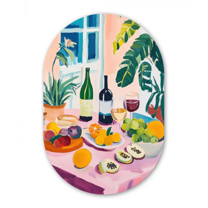Tafel - Wijn - Fruit Wandcirkel Ovaal Glas middel -3d