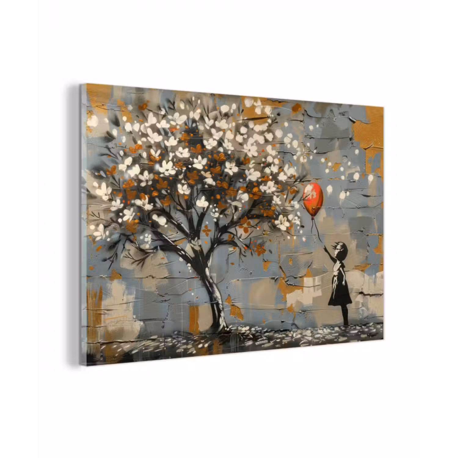 Glasbild - Baum - Graffiti - Banksy-Stil - Ballon-Mädchen