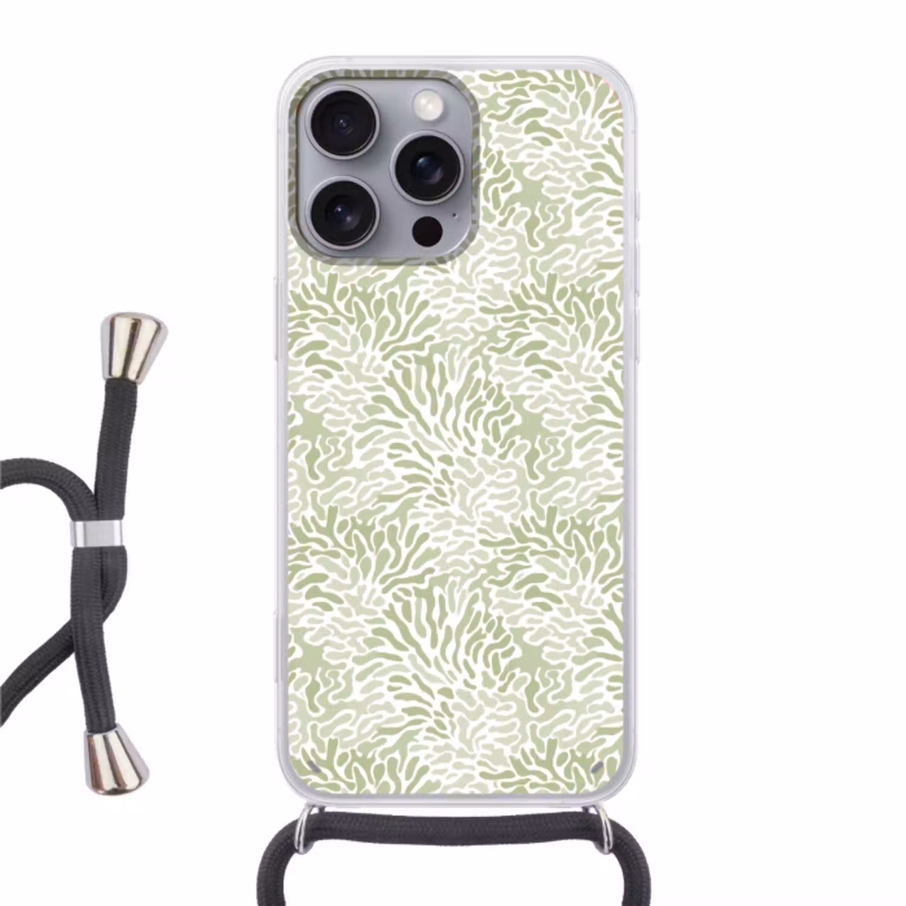 Saliegroen - Abstract - Organisch - Koraal - Patroon Hoesje iPhone 16 Pro Max met koord klein 804 -3d