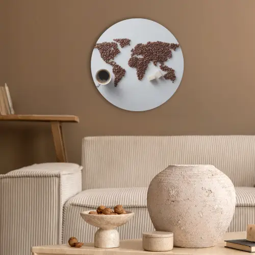 Wereldkaart - Koffiebonen - Suikerklontjes Akoestische PET Vilt - Rond klein -sfeer1