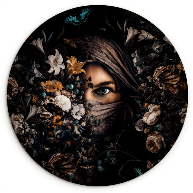 Vrouw - Luxe - Bloemen - Vlinder - Portret Wandcirkel kunststof plaat 5mm dik klein -3d