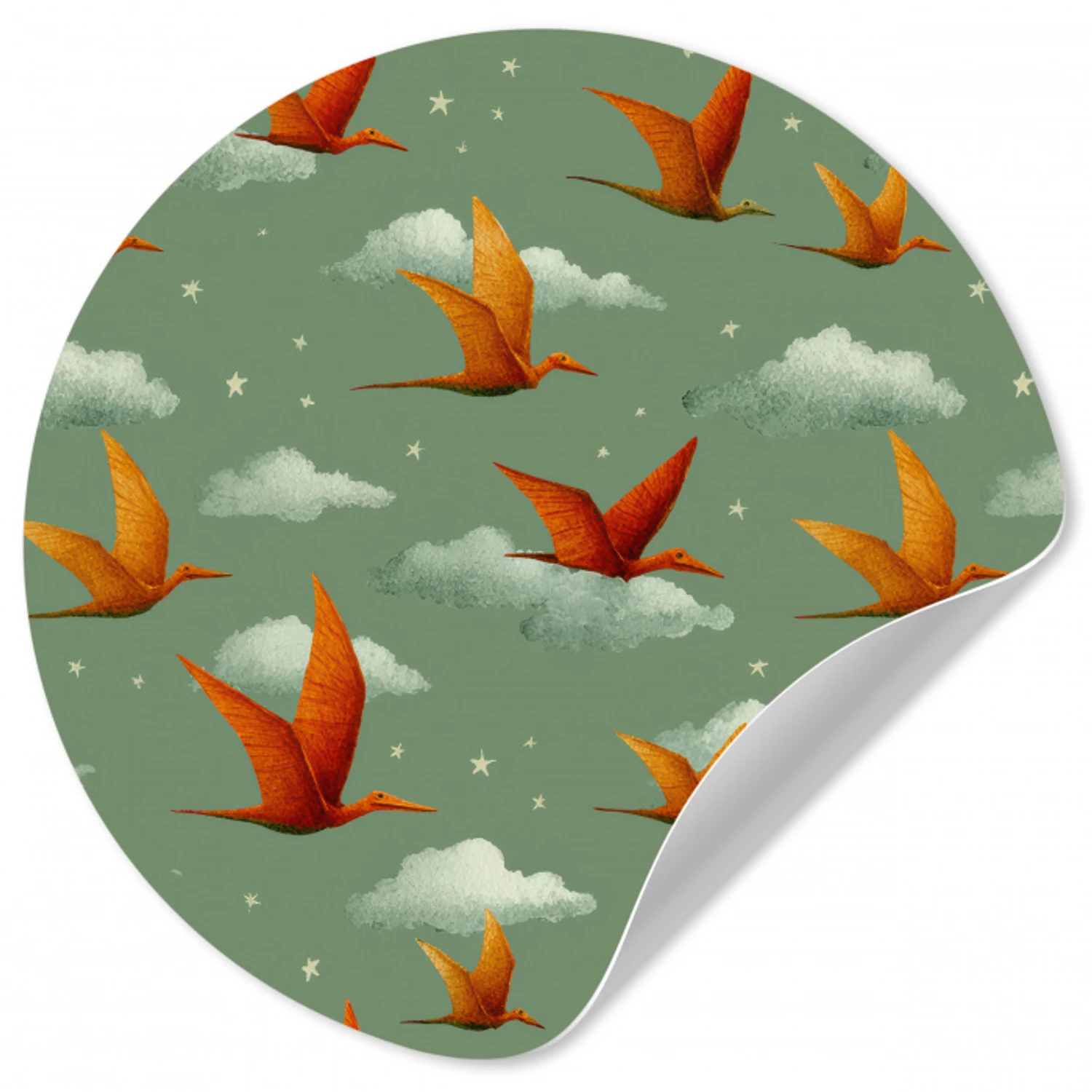 Dinosaurussen - Wolken - Sterren - Oranje Wandcirkel behangsticker klein -3d