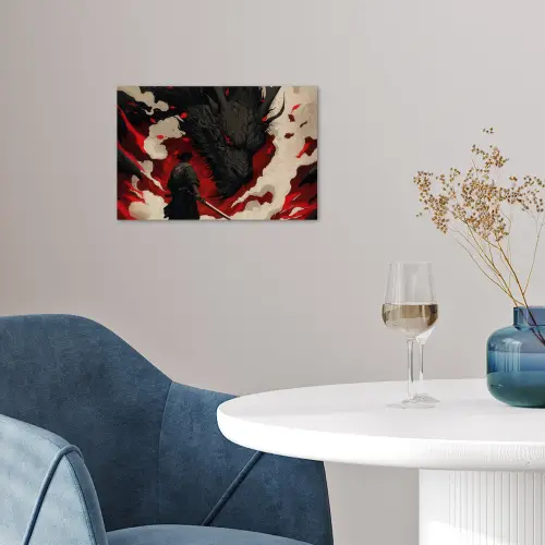 Krijger - Draak - Zwart - Rood - Rook poster papier klein -sfeer3