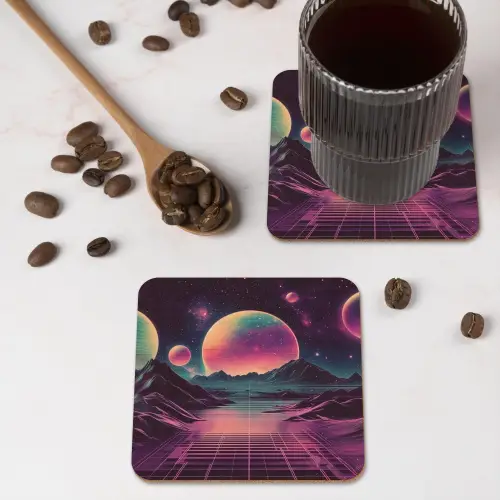 Landschap - Planeten - Horizon - Paars onderzetter kurk middel -sfeer2