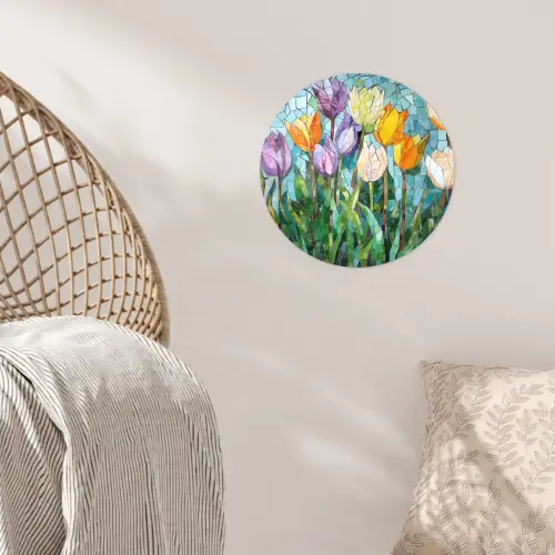 Mozaïek - Veld - Tulpen - Kleurrijk Wandcirkel behangsticker klein -sfeer4