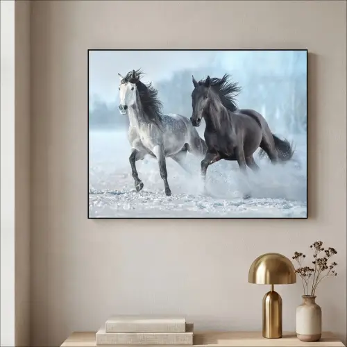 Paarden - Winter - Dieren - Natuur - Sneeuw Textielframe - compleet frame klein -sfeer2
