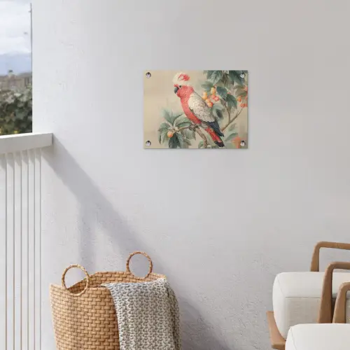 Roze kuifkaketoe - Tak met vruchten - Bladeren tuinposter los doek klein -sfeer8