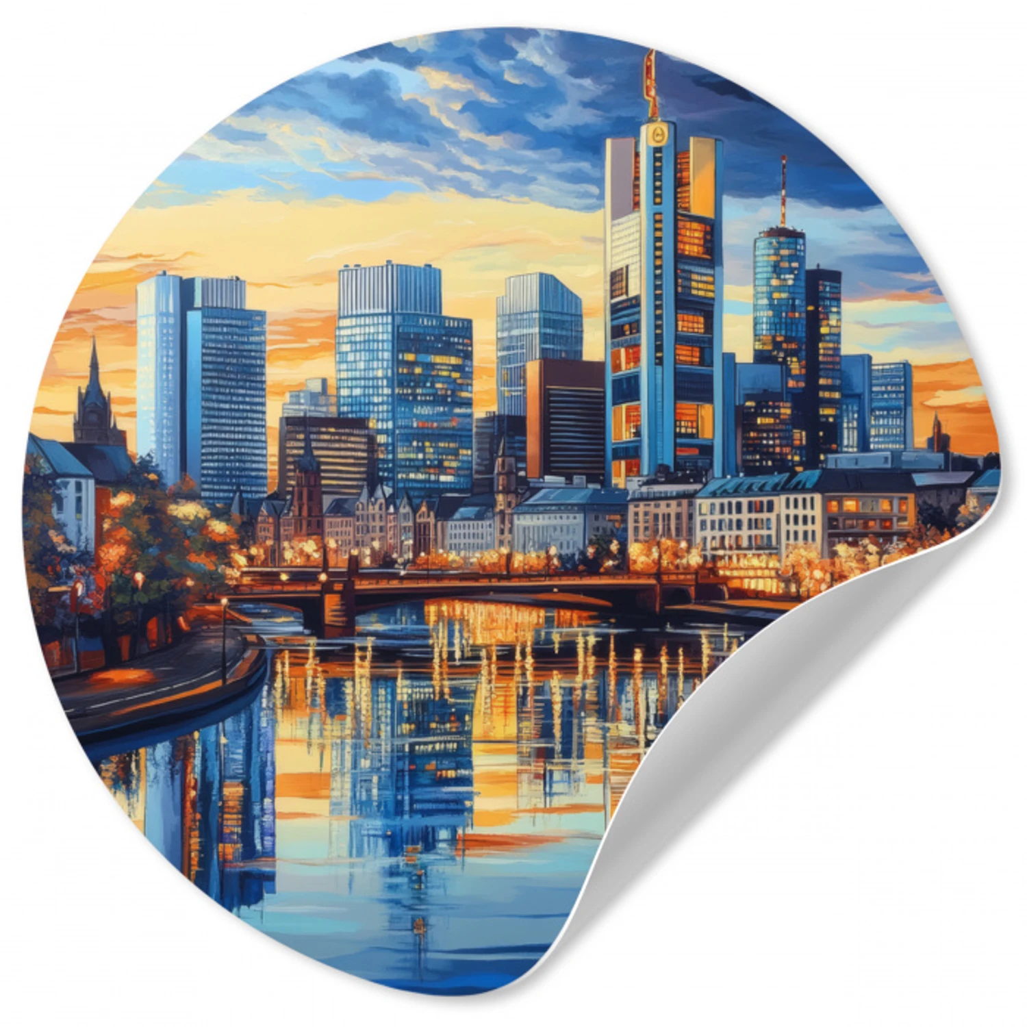 Zonsondergang Frankfurt - Stad - Skyline - Water Wandcirkel behangsticker klein -3d