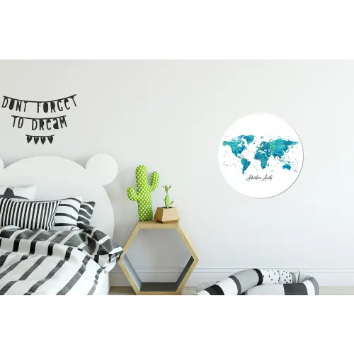 Wereldkaart - Blauw - Kleurrijk Wandcirkel aluminium klein -kinderkamer